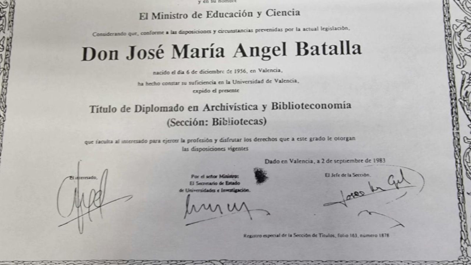 Imatge del títol universitari presumptament falsificat de Josep Maria Ángel