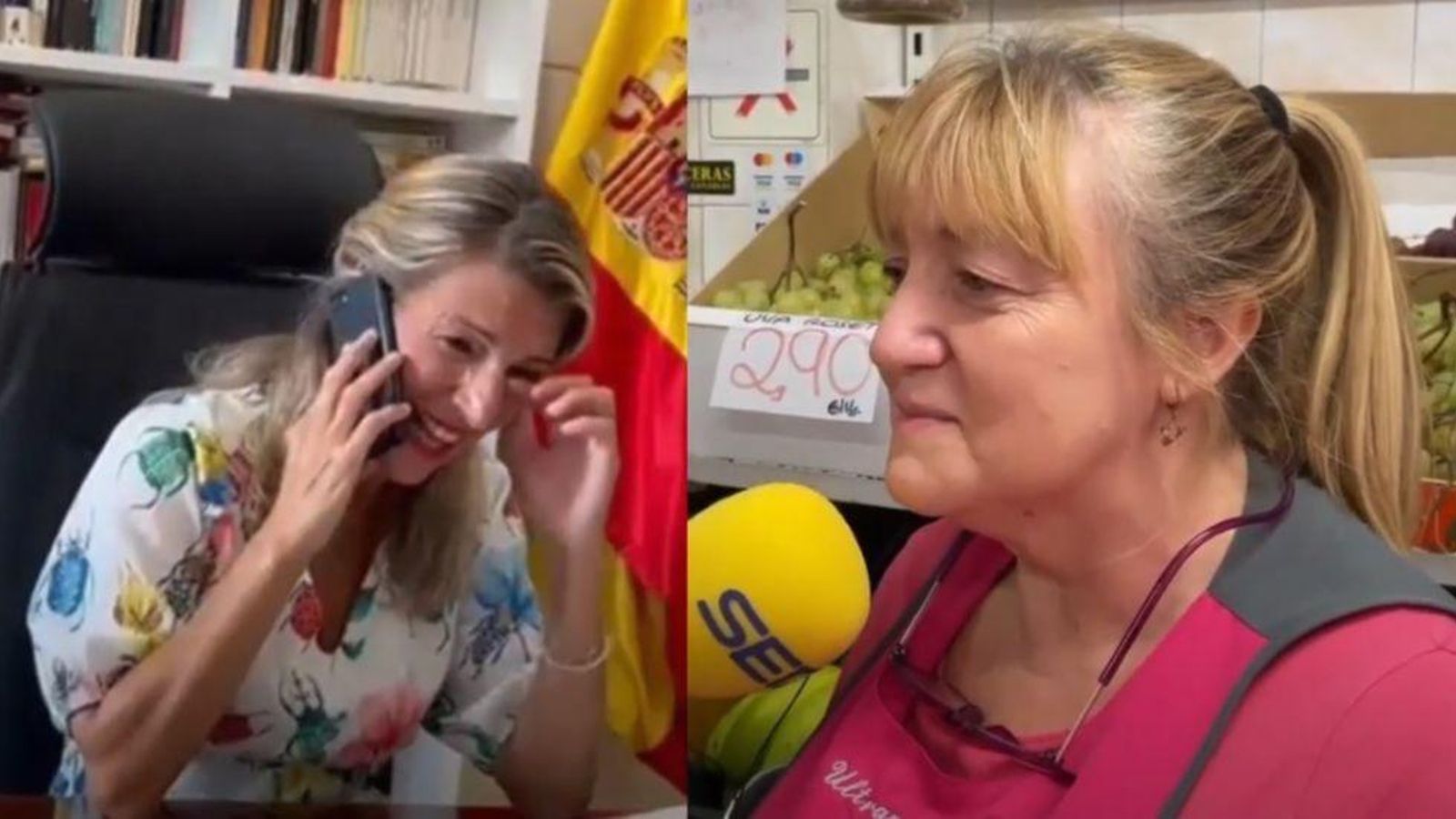 La ministra d'Economia Social, a l'esquerra, eixugant-se una llàgrima durant la conversa amb Mayte Navarro, la botiguera de València que ha ofertat una cistella de productes bàsics per 29 euros