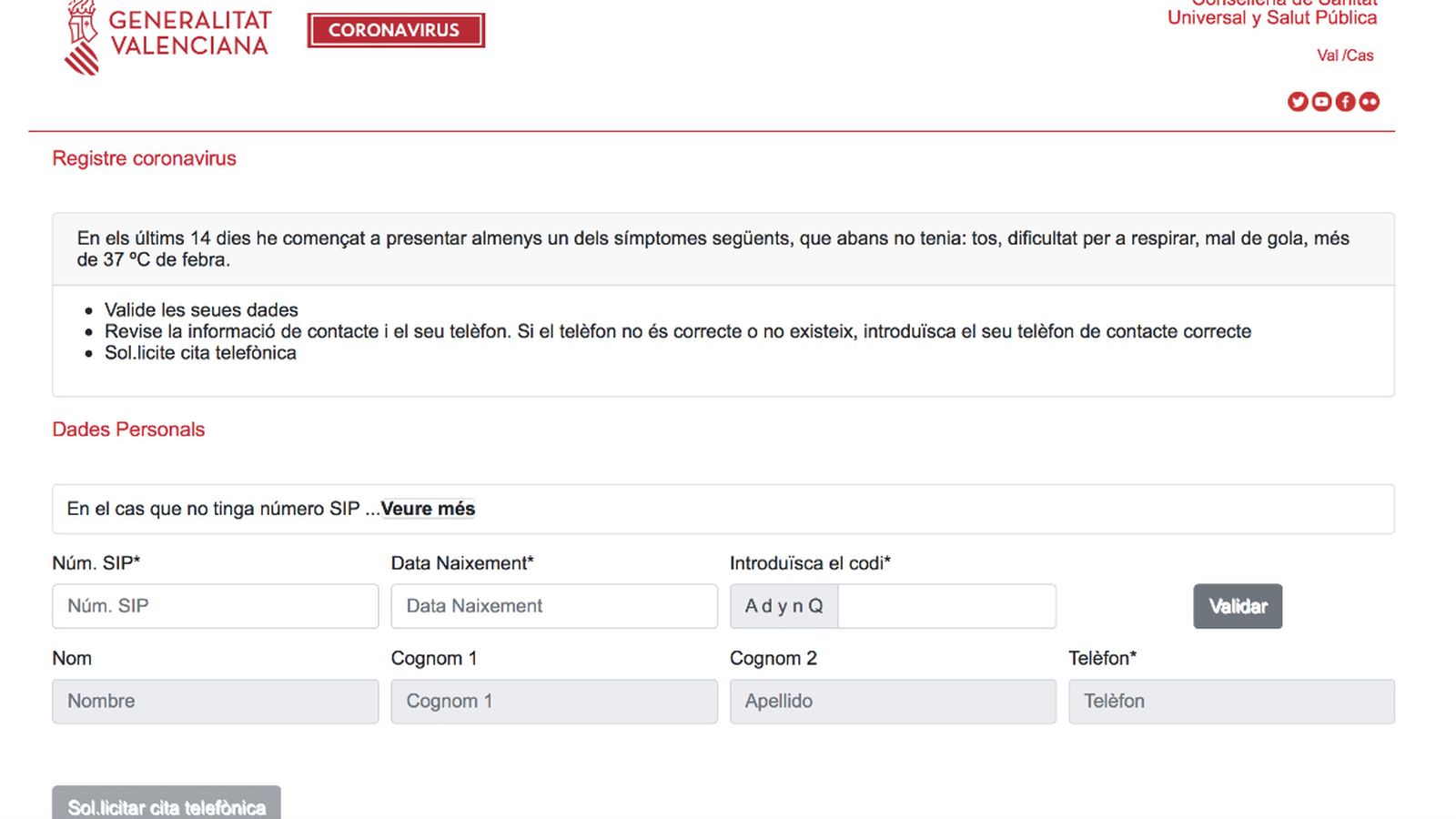 Sanitat habilita un registre per a sol·licitar cita en línia en cas de tindre símptomes de Covid-19