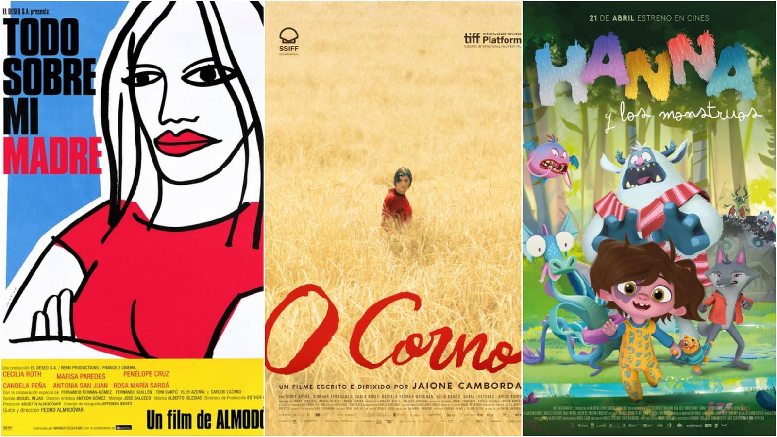 Cartells de les pel·lícules 'Todo sobre mi madre', 'O Corno' i 'Hanna y los monstruos'