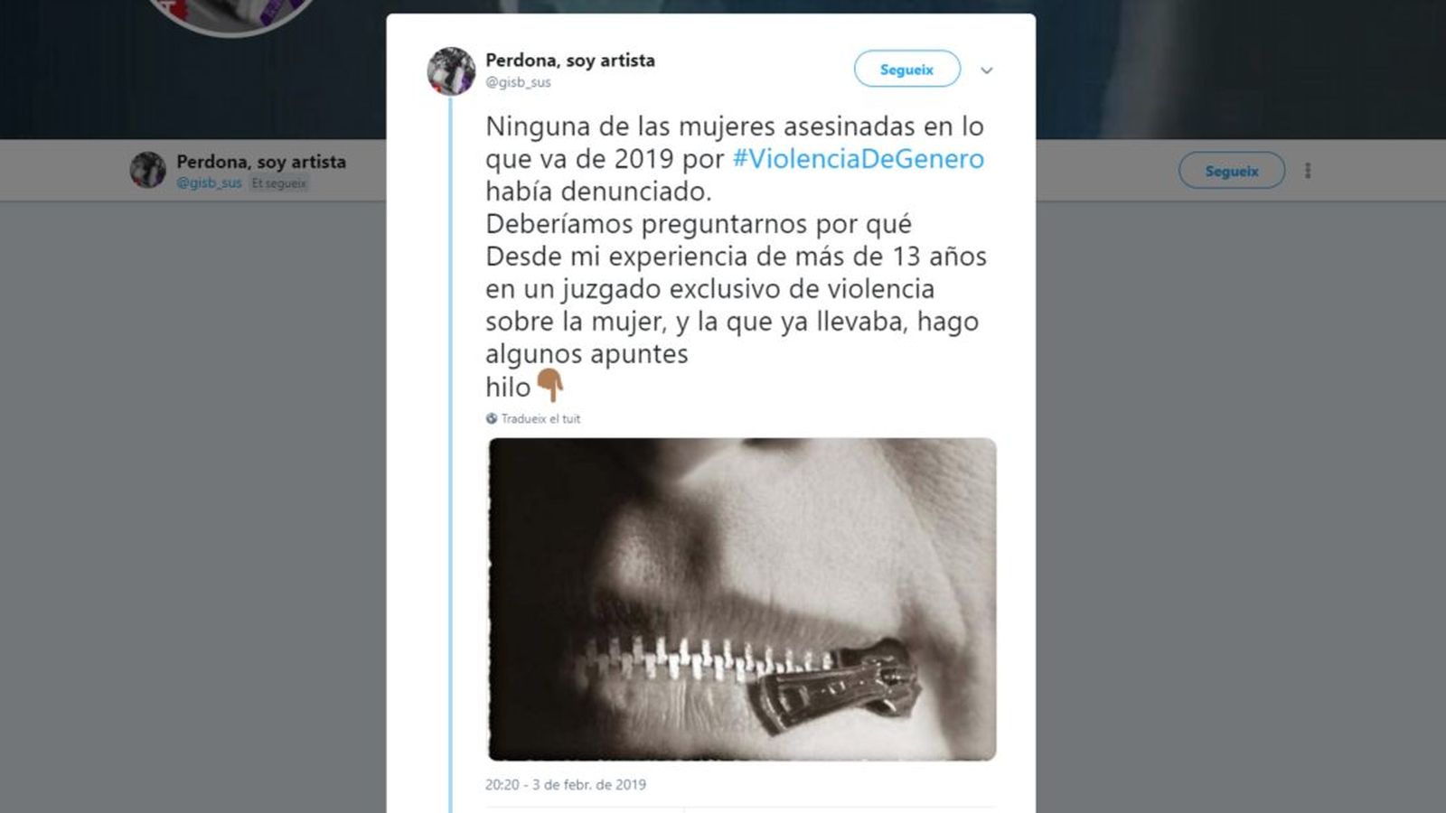 Captura del primer missatge del fil de Twitter de la fiscal Susanna Gisbert