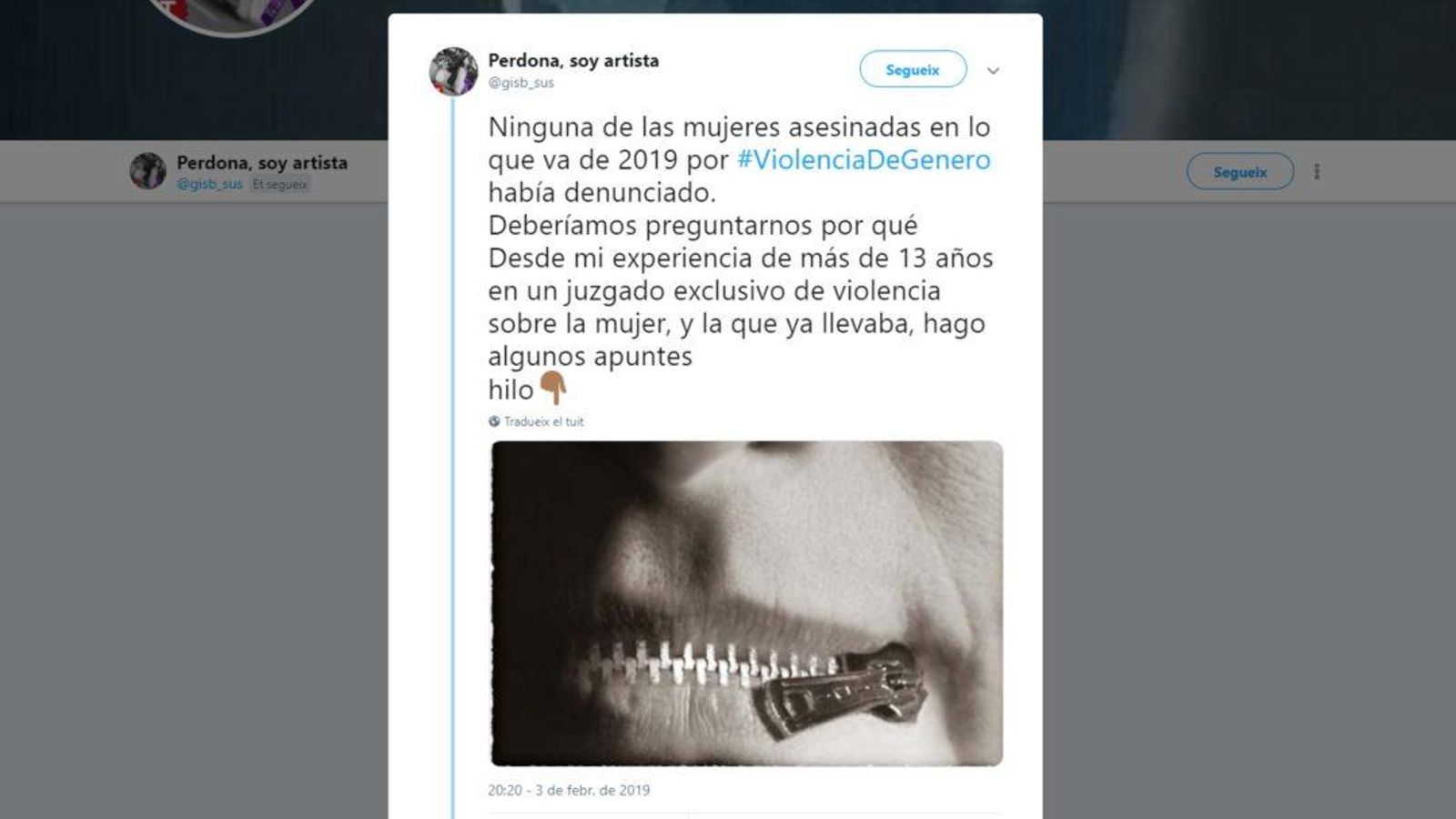 Captura del primer missatge del fil de Twitter de la fiscal Susanna Gisbert