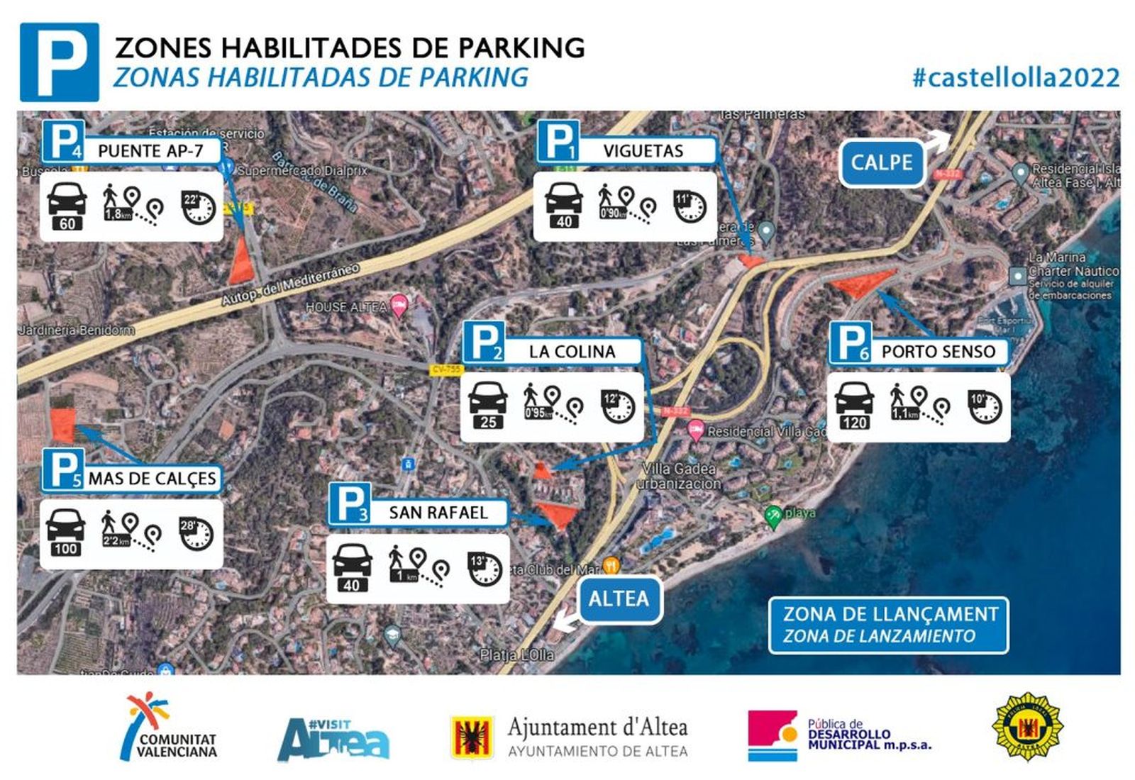 Zones d'aparcament habilitades per a veure el Castell de l'Olla el dissabte 13 d'agost