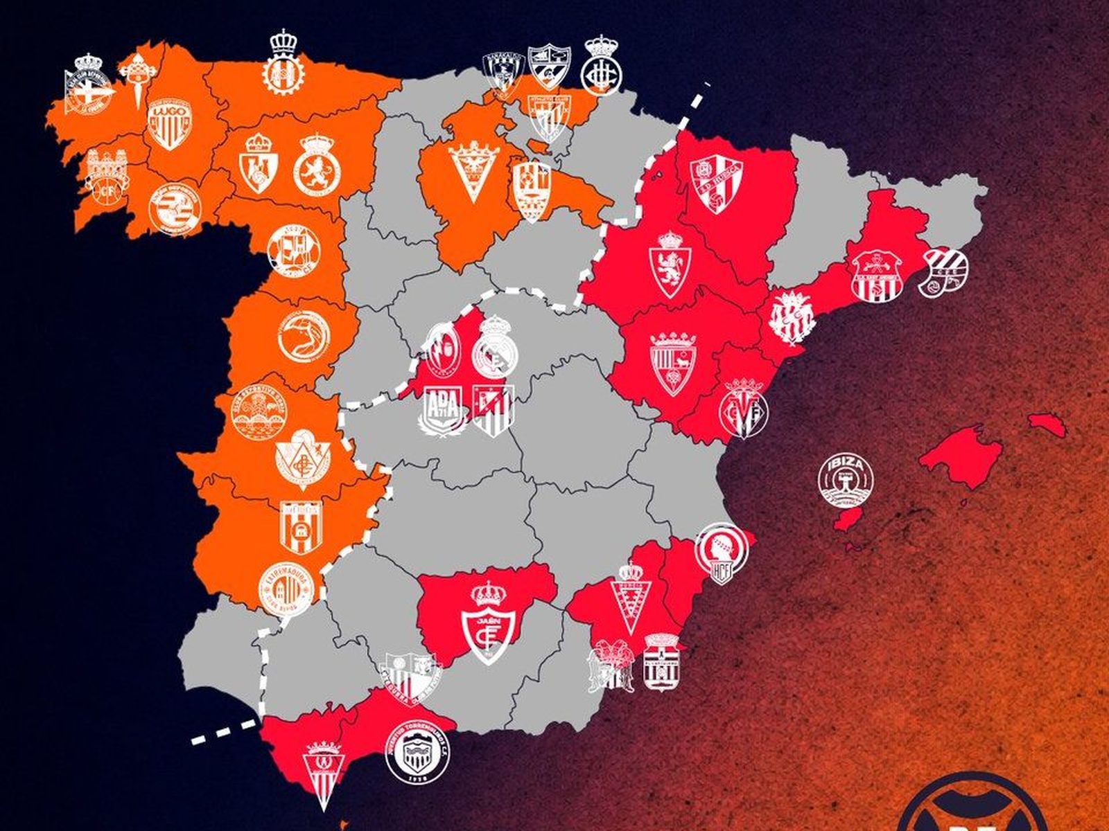 Configuració del grup 1 (color taronja) i el grup 2 (roig) de Primera RFEF