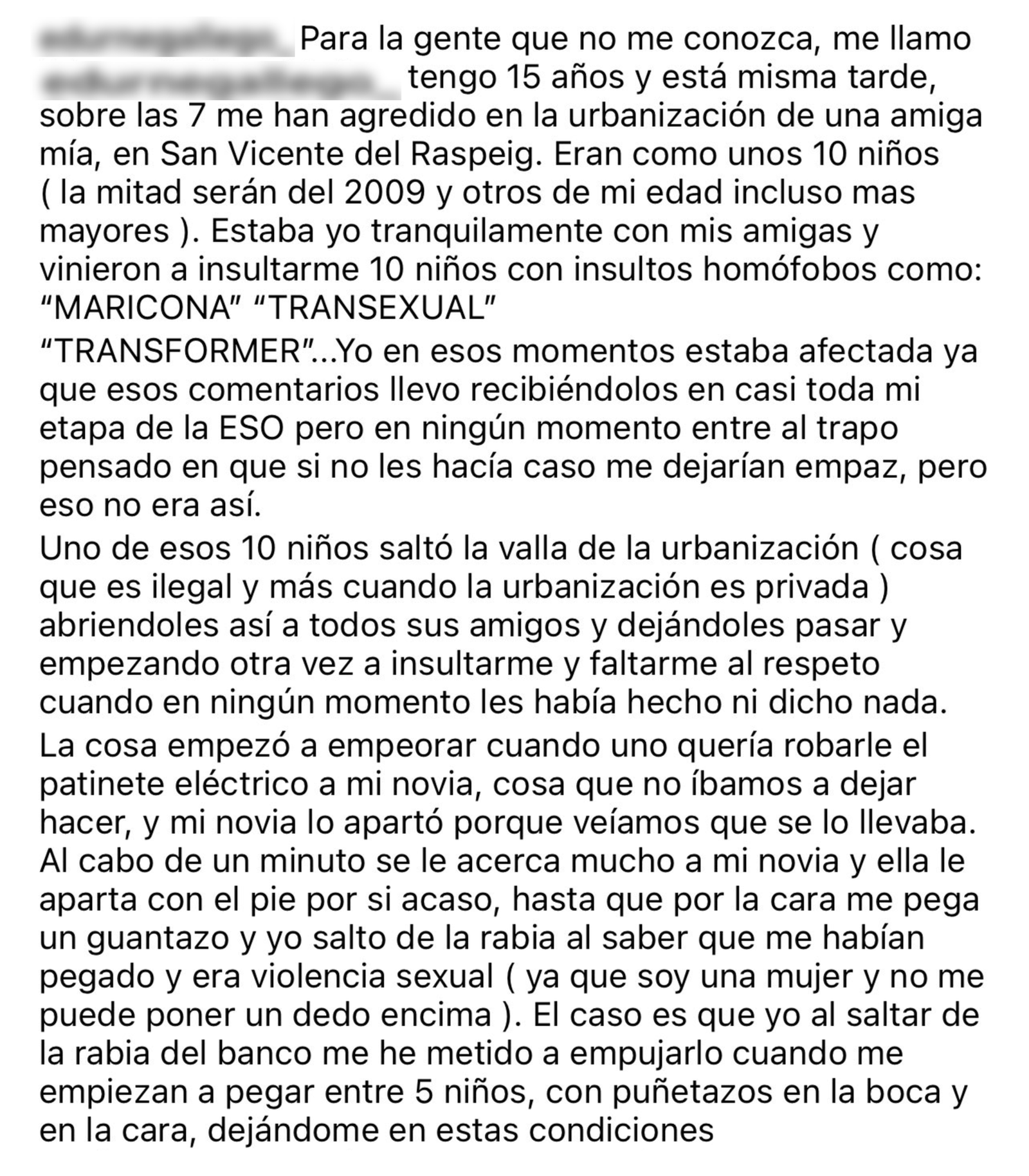 Testimoni d'una xiqueta víctima d'una agressió homòfoba