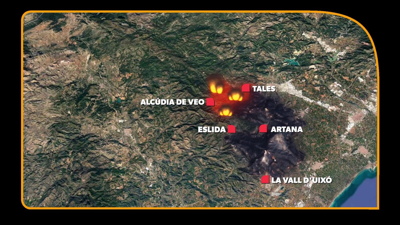 En imatge, la zona més activa de l'incendi i el perímetre afectat, segons el primer balanç d'este dimecres