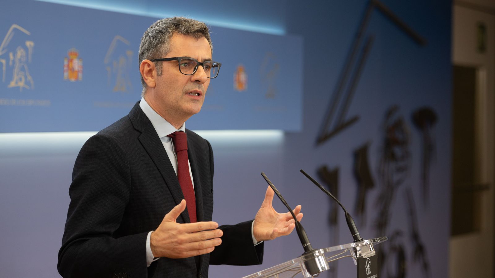 El ministre de la Presidència en funcions i membre de l'Executiva del PSOE, Félix Bolaños, en roda de premsa