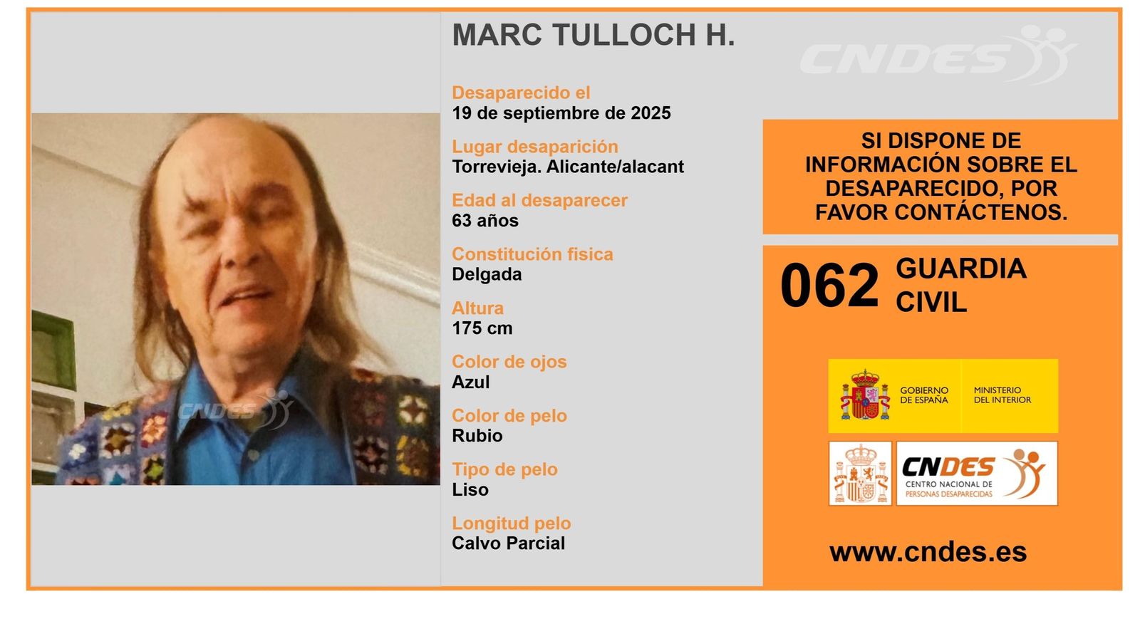 Cartell que ha difós el Centre Nacional de Persones Desaparegudes per a tractar de trobar alguna pista de Marc Tulloch
