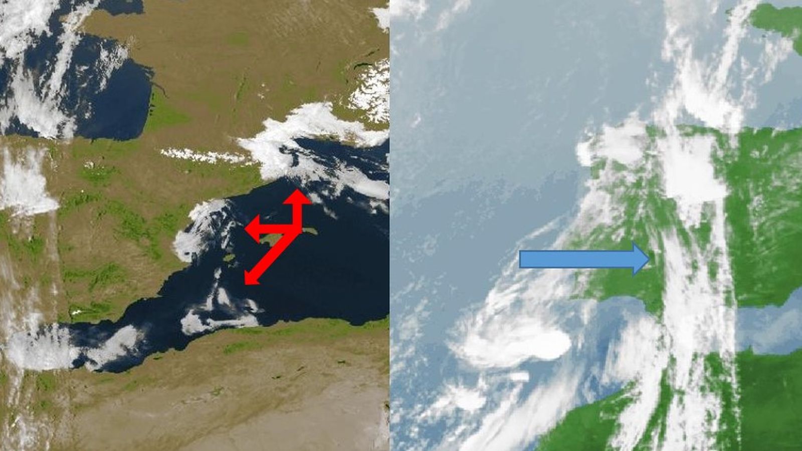 Imatges del satèl·lit Meteosat el 25.02.2026 a les 13:30 hores. A l’esquerra, el canal visible i a la dreta, el canal infraroig