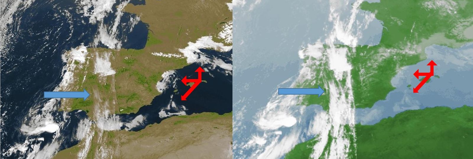 Imatges del satèl·lit Meteosat el 25.02.2026 a les 13:30 hores. A l’esquerra, el canal visible i a la dreta, el canal infraroig