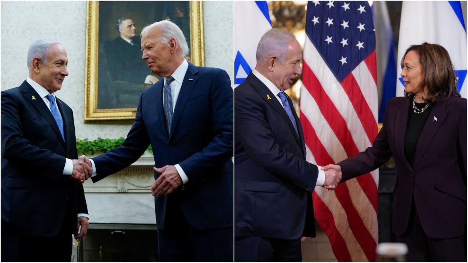 El president dels EUA, Joe Biden, i la vicepresidenta i previsible candidata demòcrata, Kamala Harris, s'han reunit per separat amb el primer ministre israelià, Benjamin Netanyahu El president dels EUA Joe Biden i la vicepresidenta i previsible candidata demòcrata Kamalah Harris s'han reunit per separat amb el primer ministre israelià Benjamin Netanyahu