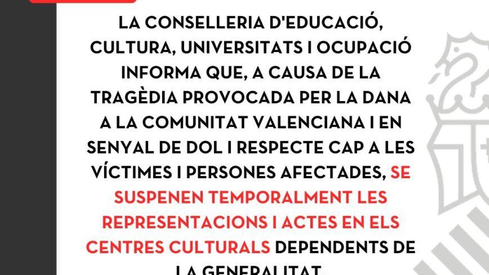 Se suspenen temporalment les representacions i actes en els centres culturals dependents de la Generalitat