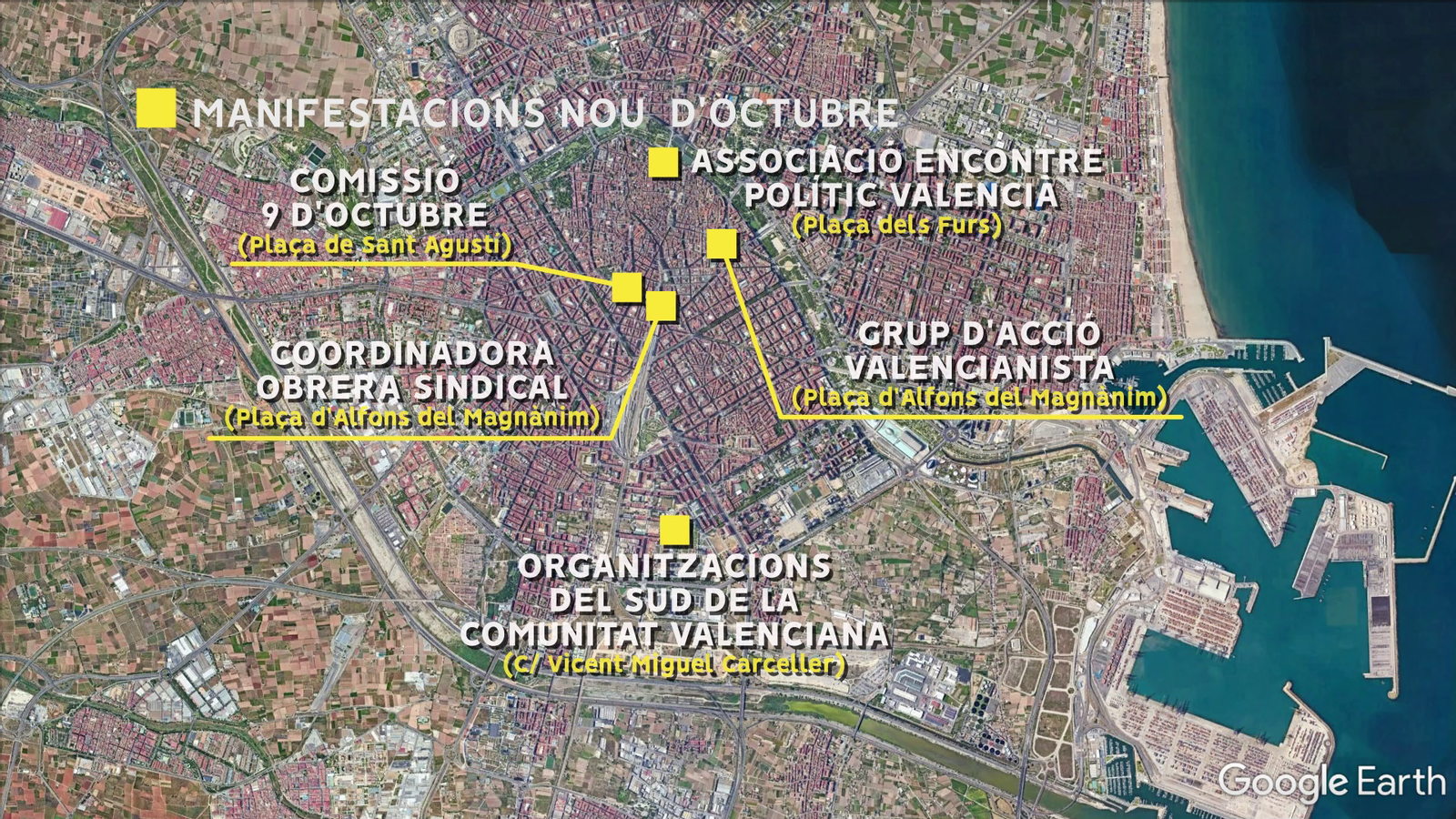 Grafisme amb les cinc manifestacions autoritzades en la vesprada del Nou d'Octubre Grafisme amb les cinc manifestacions autoritzades en la vesprada del Nou d'Octubre