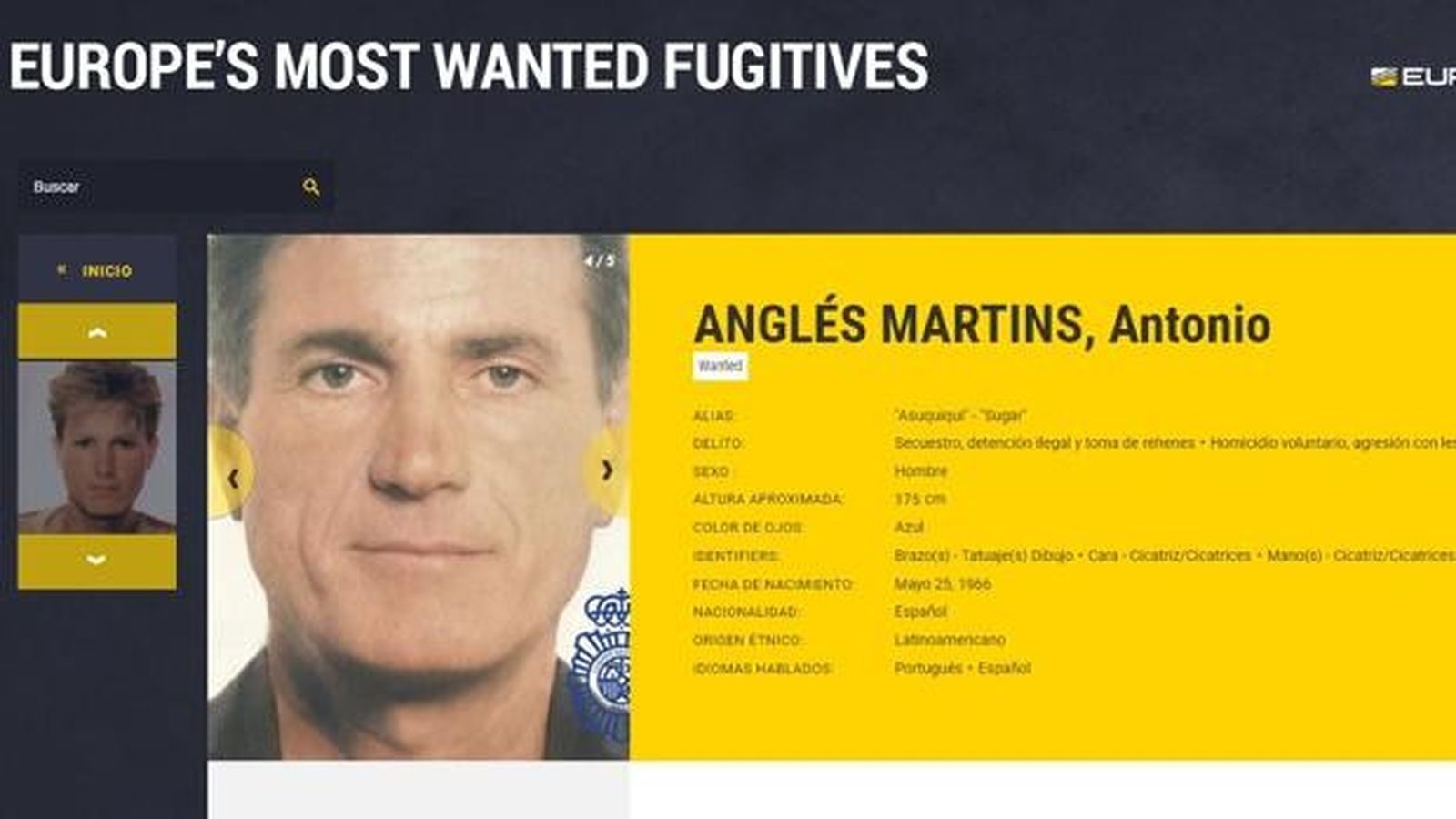 La nova fitxa poliical amb el rostre d'Antonio Anglés envellit incorporada a la llista de fugitius de l'Europol