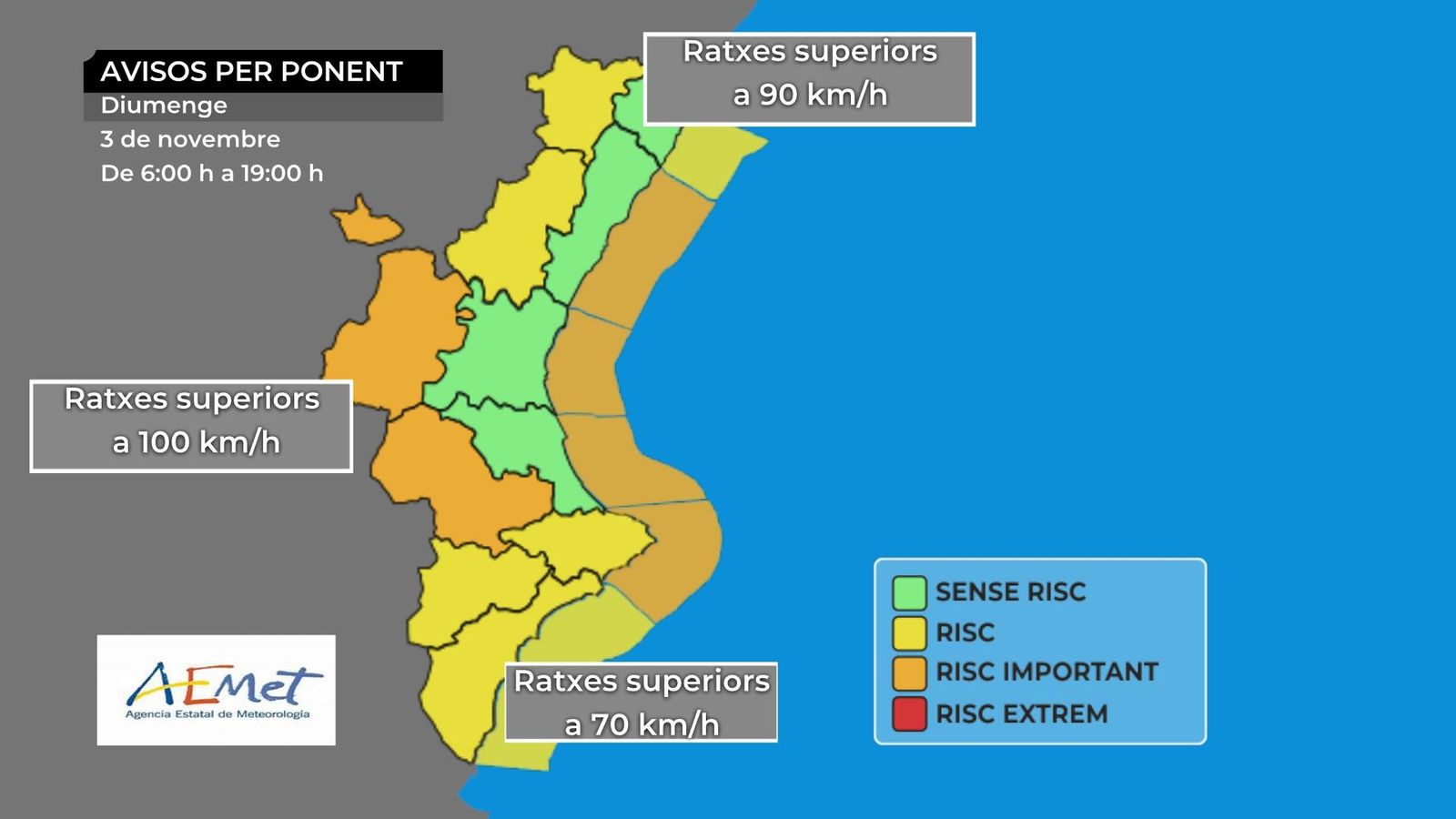 Les comarques interiors de València, en avís taronja per vents de 100 km