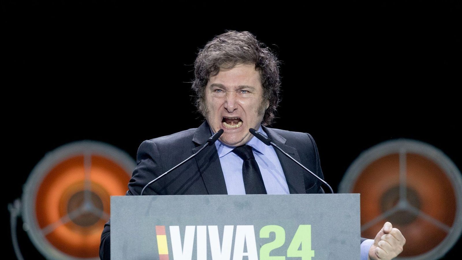 Milei, este diumenge, en l'acte Viva 24 que ha reunit a líders de l'extrema dreta a Madrid
