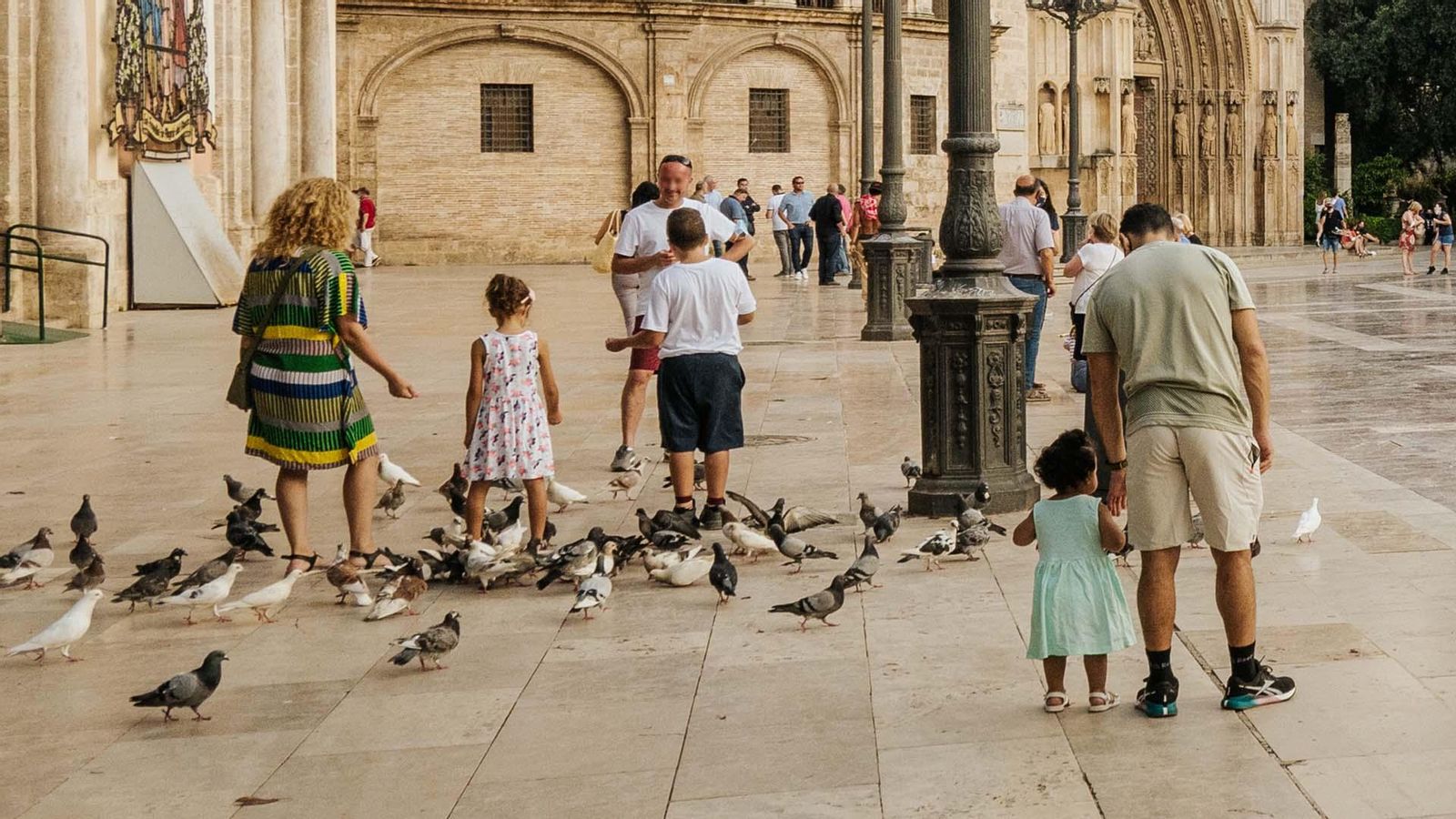 Un grup de xiquets juga amb els coloms a la plaça de la Verge de València