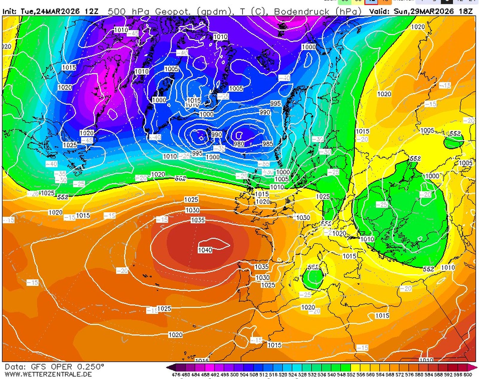 Situació prevista de la gota freda de diumenge pel model americà, GFS