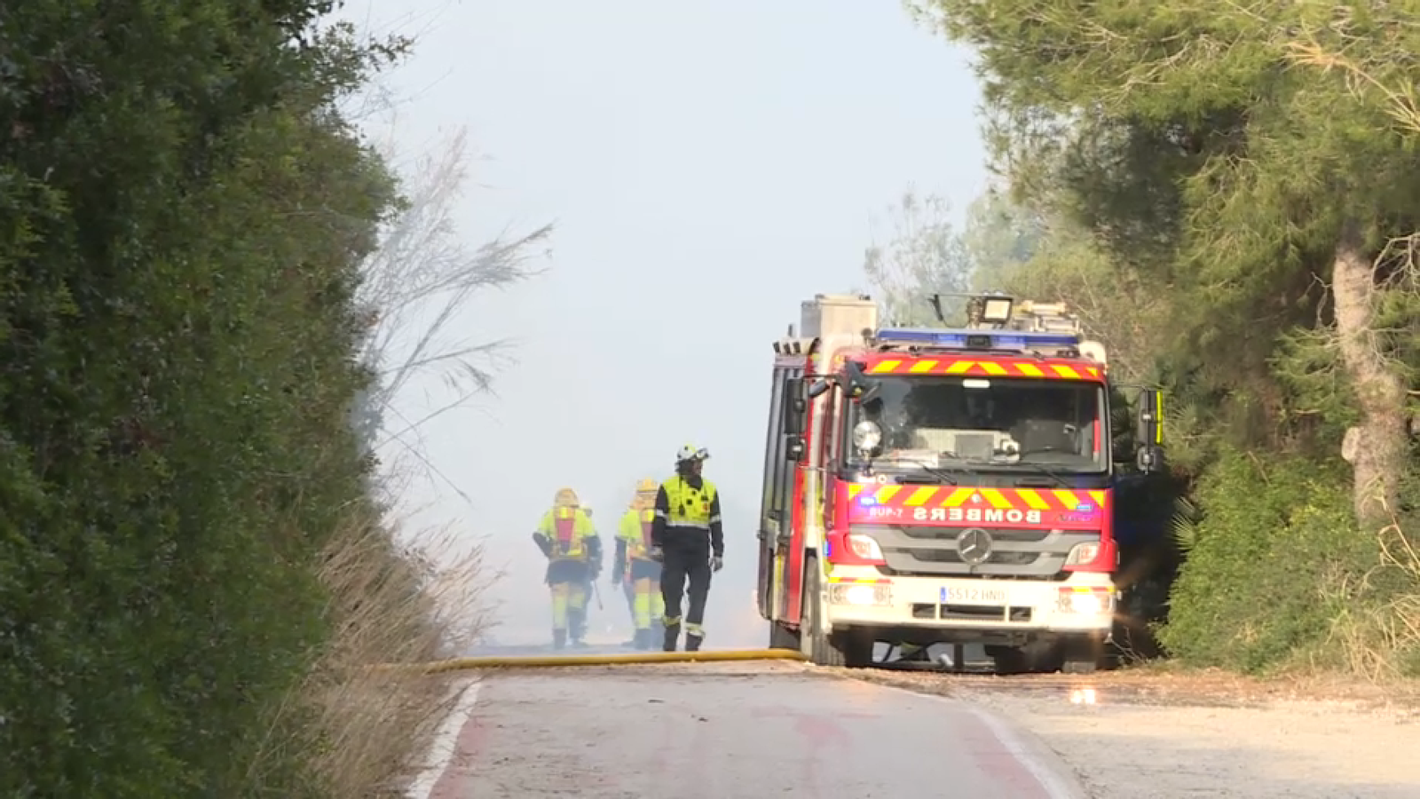 Els bombers treballen en l'incendi declarat aquest diumenge al Saler