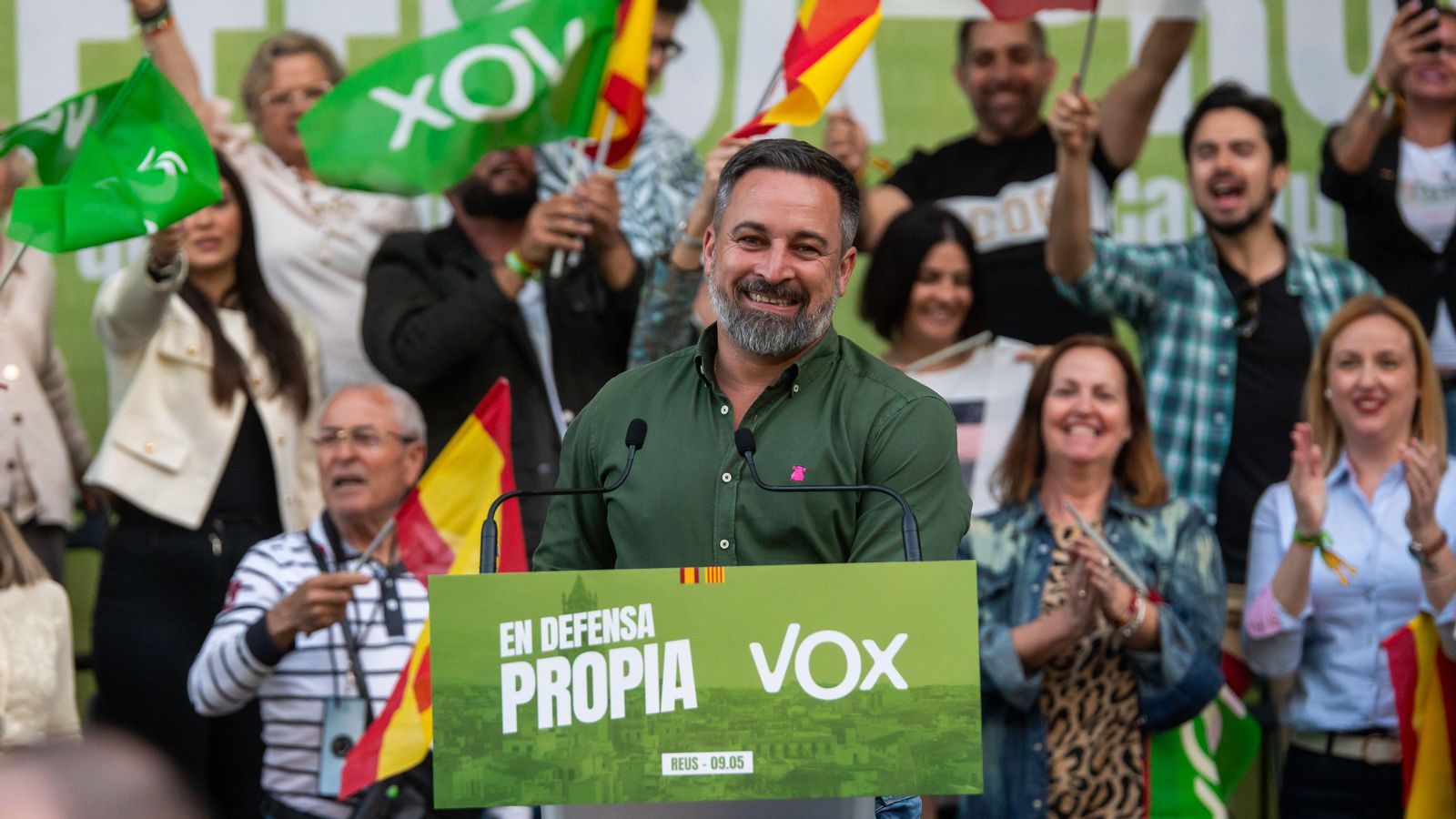 El líder de Vox, Santiago Abascal, en un acte de campanya