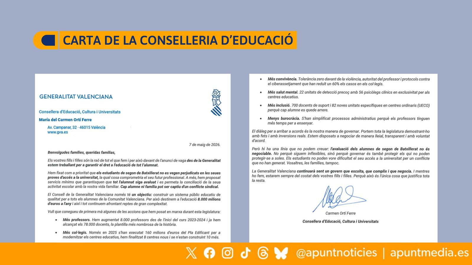 Carta de la Conselleria d'Educació