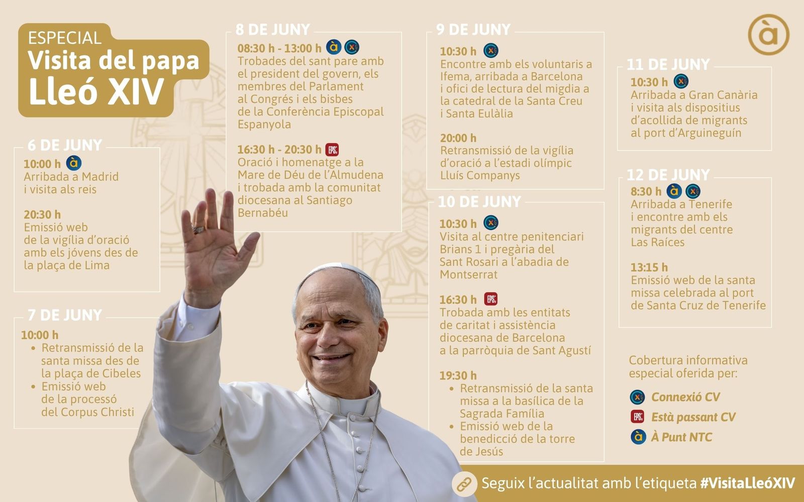 Resum de la programació especial d'À Punt amb motiu de la històrica visita apostòlica del apa Lleó XIV a Espanya