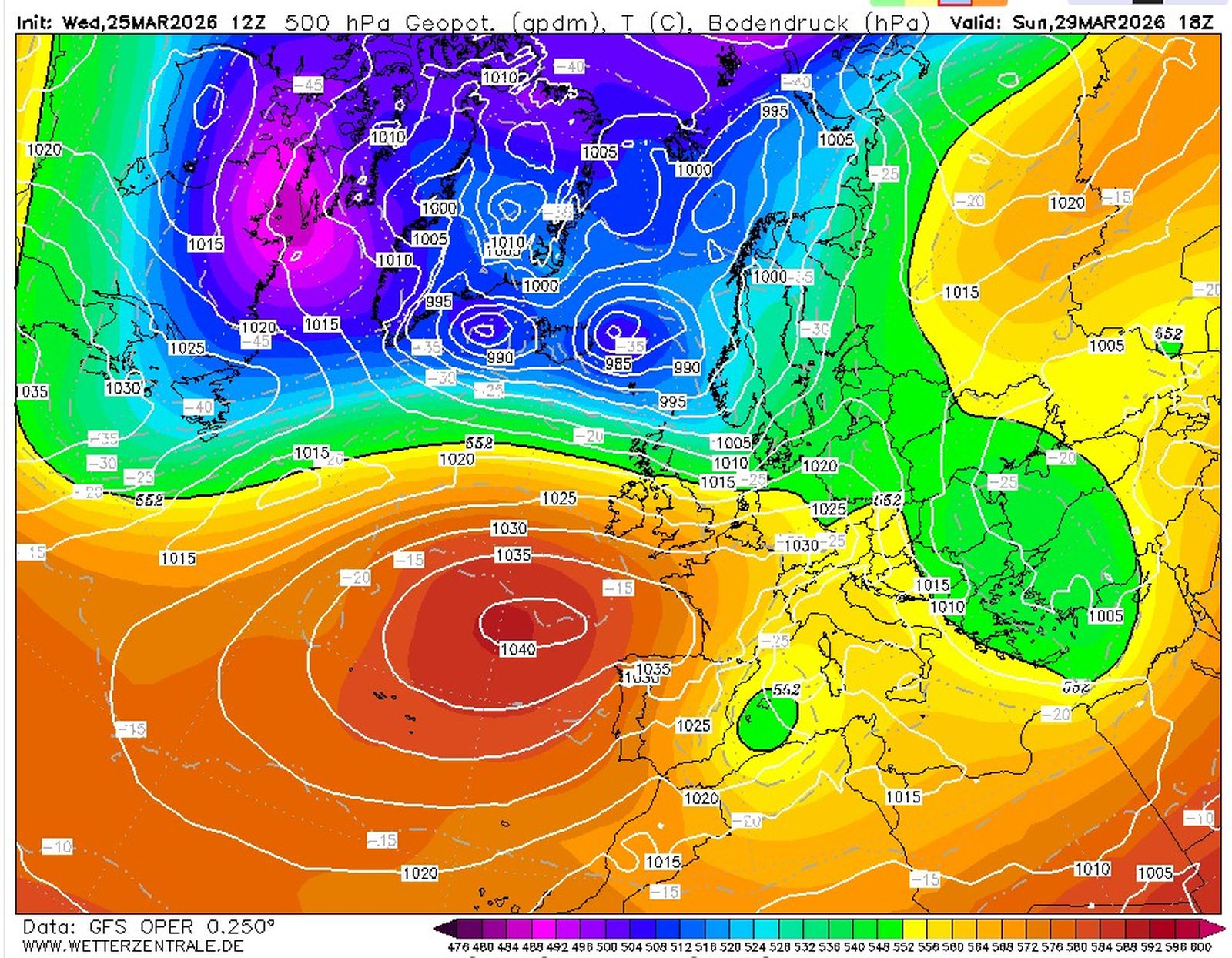 Previsió del model meteorològic americà, GFS, situació bossa d'aire fred diumenge 29