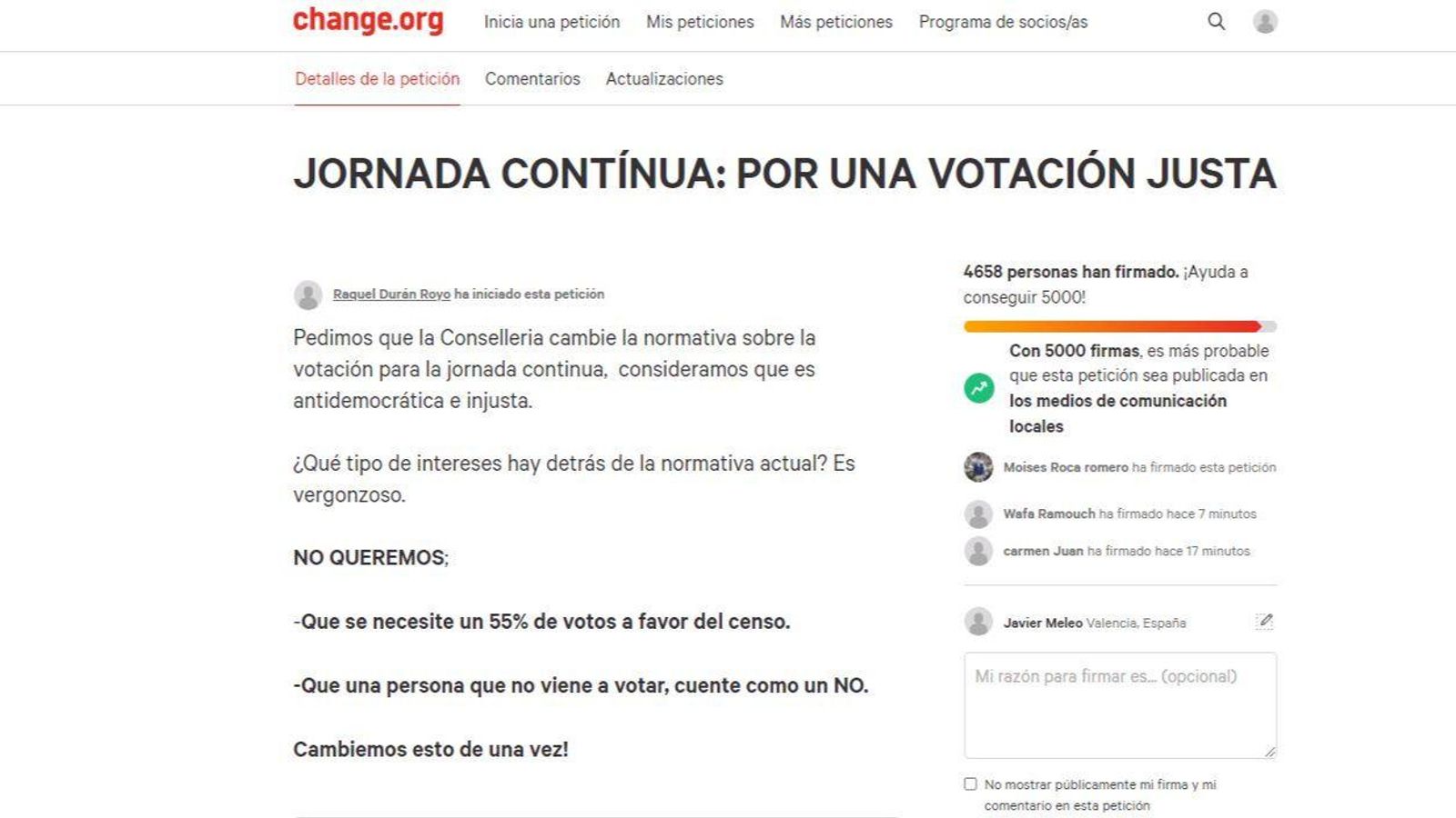Captura de pantalla de la arreplegada de firmes per a canviar el sistema de votacions de la jornada continuada