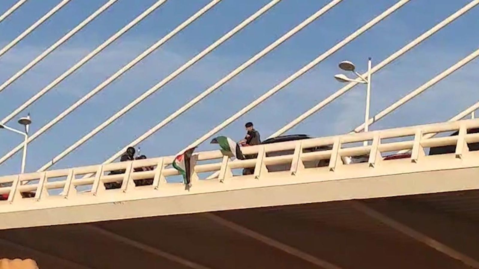 Agents de policia retiren banderes de Palestina del pont de l'Assut de l'Or, a València