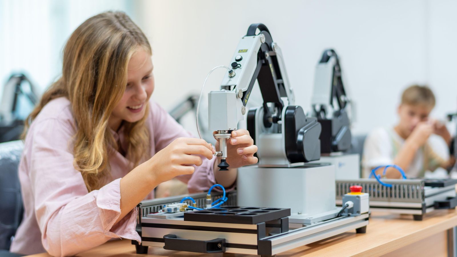 Una jove manipula un robot a una aula