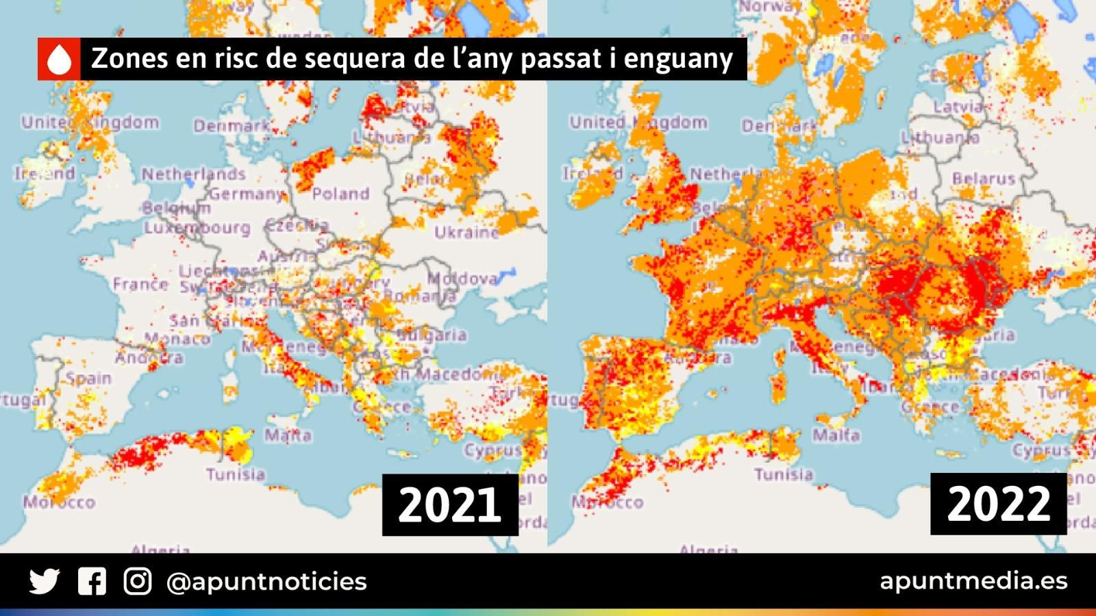 Zones en risc de sequera de l'any passat i enguany a la Unió Europea
