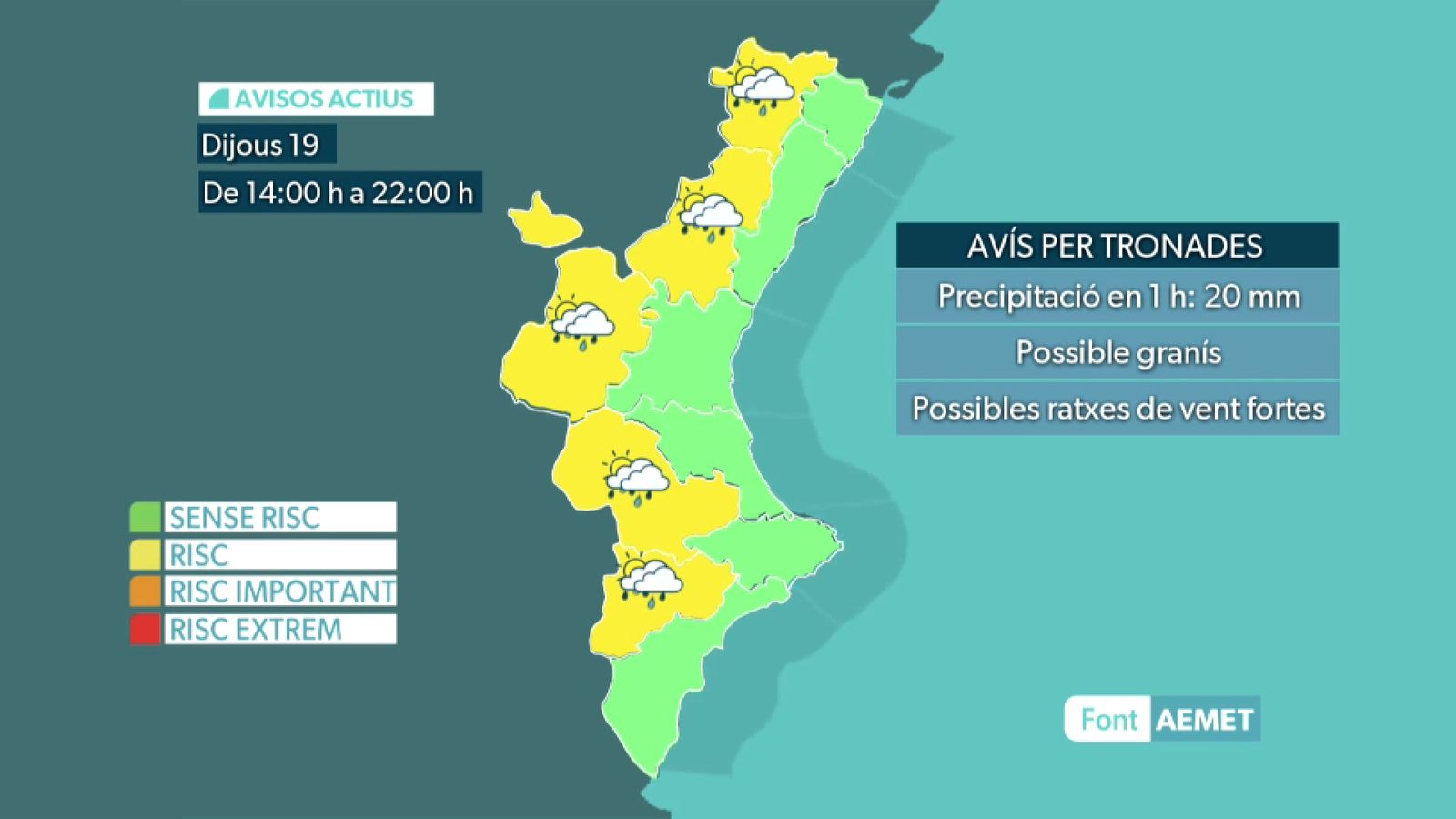Els avisos de l'Aemet per a este dijous