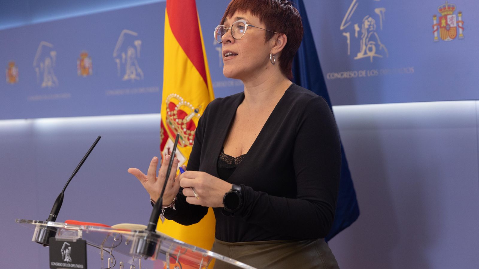 La portaveu de Sumar en el congrés, Àgueda Micó, durant una roda de portaveus, en el Congrés dels Diputats
