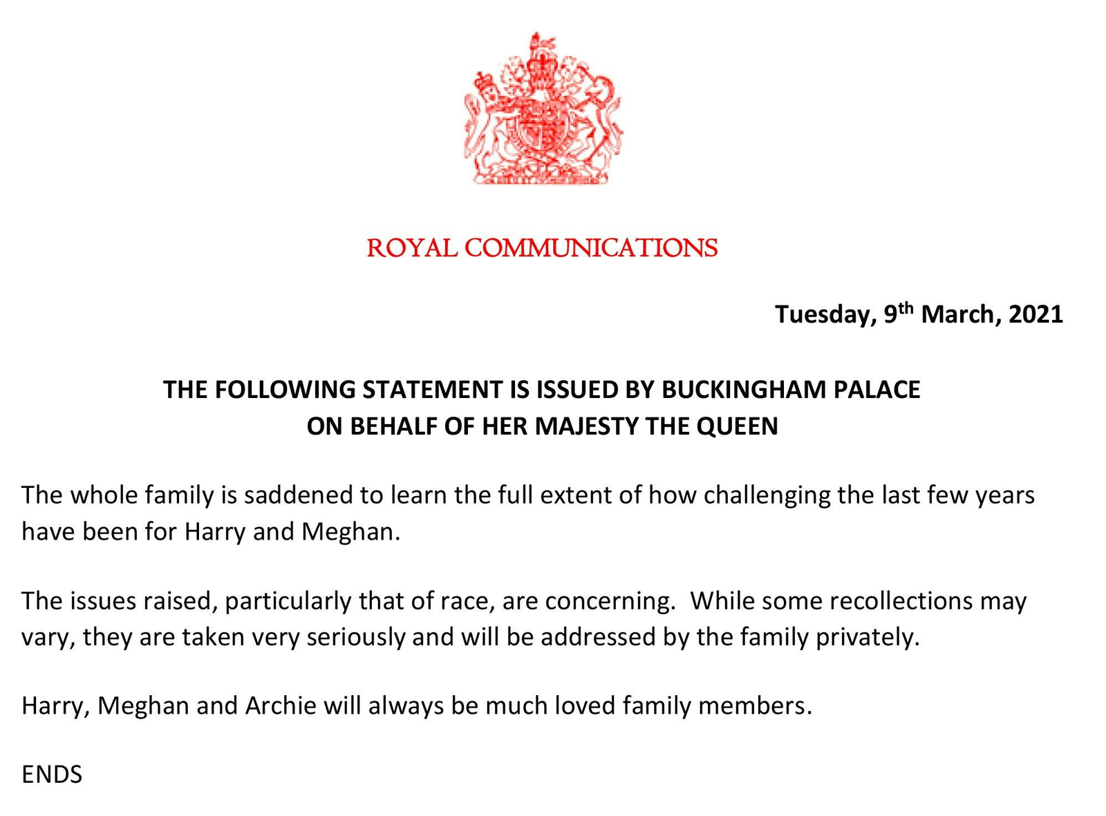 Comunicat del palau de Buckingham després de l'entrevista de Meghan i Enric en la cadena CBS