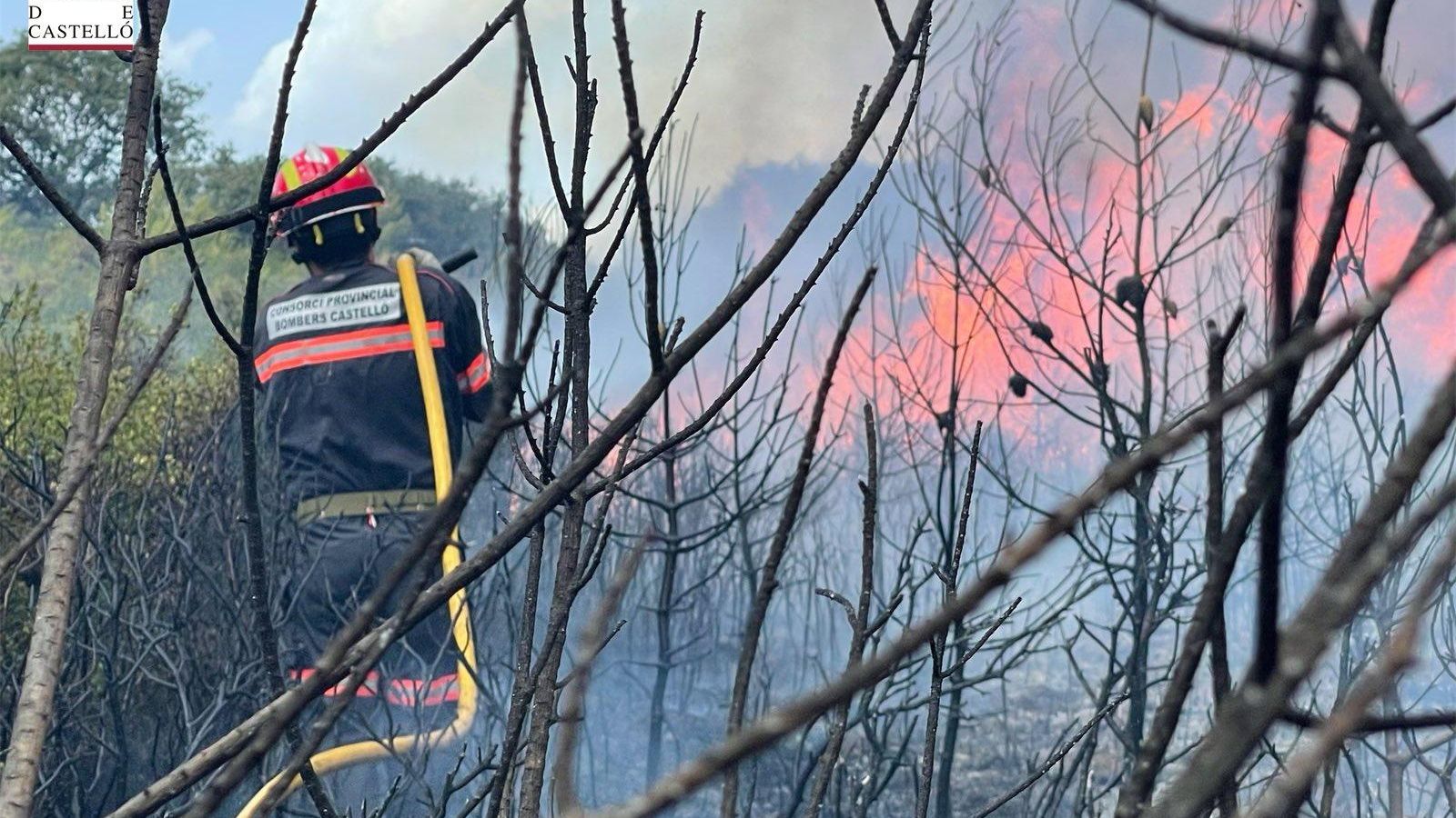 Un agent del Consorci Provincial Bombers de la Diputació de Castelló en l'incendi forestal de les Useres