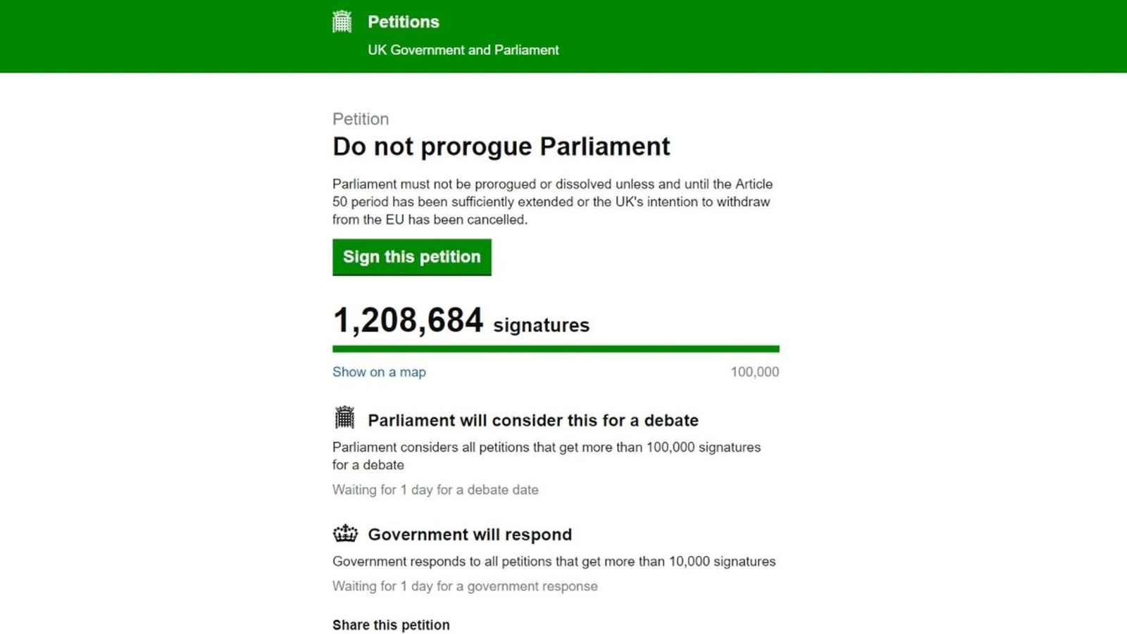 Imatge de la petició registrada en el Parlament britànic