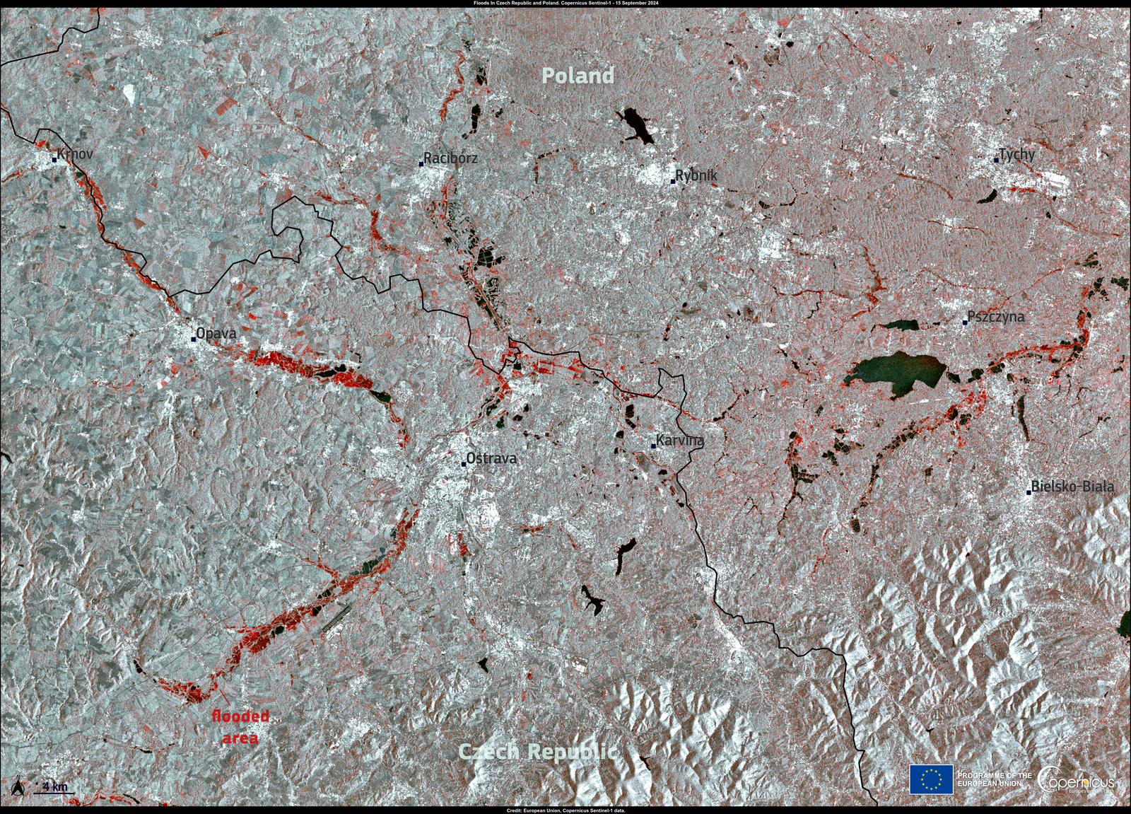 Vista aèria de l'impacte del temporal Boris: les zones negades al llarg de la frontera polonesa-txecoslovaca es veuen en esta imatge obtinguda pel satèl·lit de radar Sentinel-1A