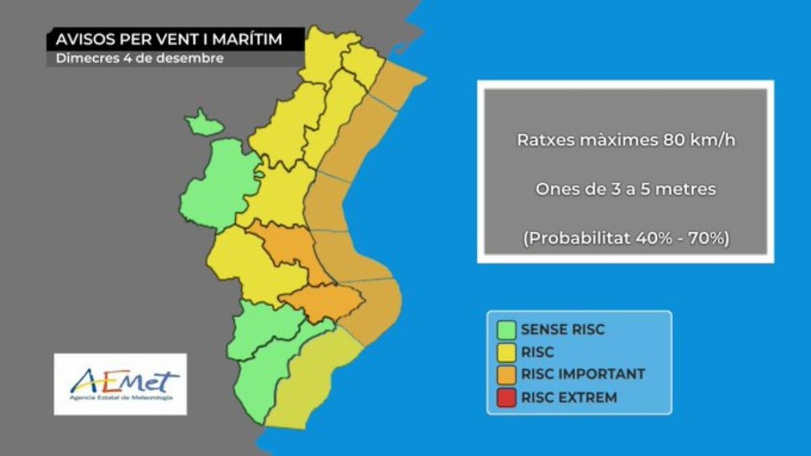 Avís taronja per pluges i vent marítim a les comarques del sud de València i nord d\'Alacant