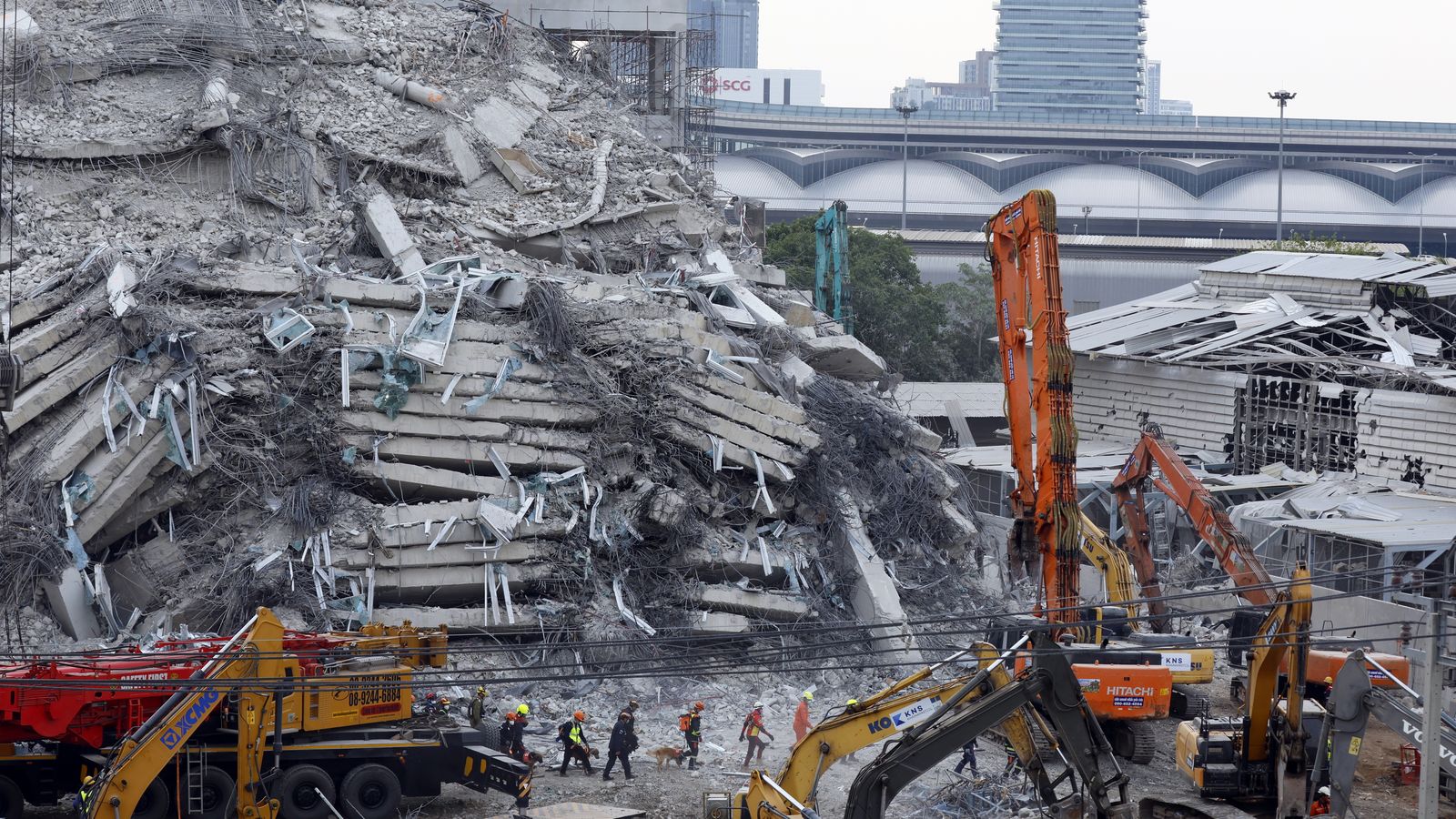 Rescatistes amb gossos fan una operació de cerca en l'edifici afonat després d'un terratrémol a Bangkok, Tailàndia