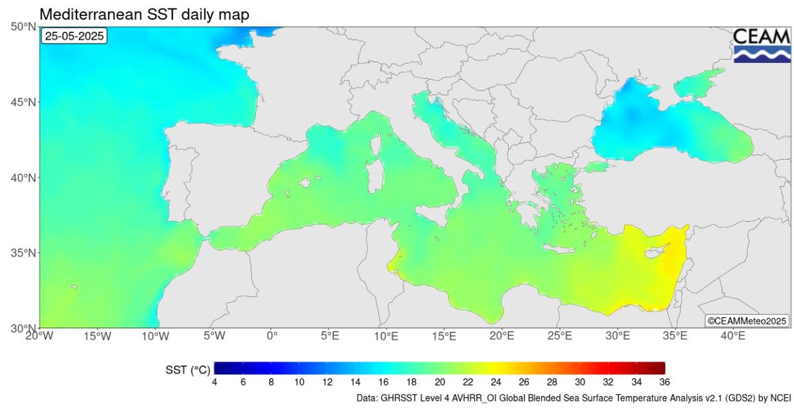 Temperatura del mar Mediterrani del 25 de maig