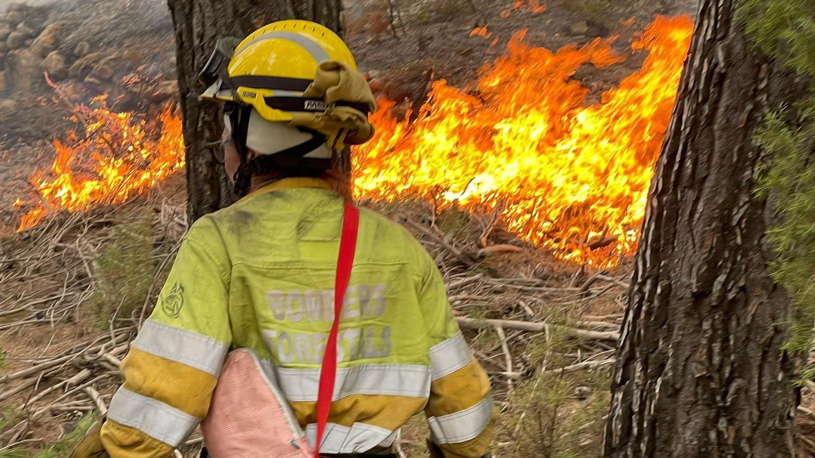 Imatge d'arxiu d'una bombera treballant en les tasques d'extinció de l'incendi que va afectar cinc municipis de l'Alt Millars