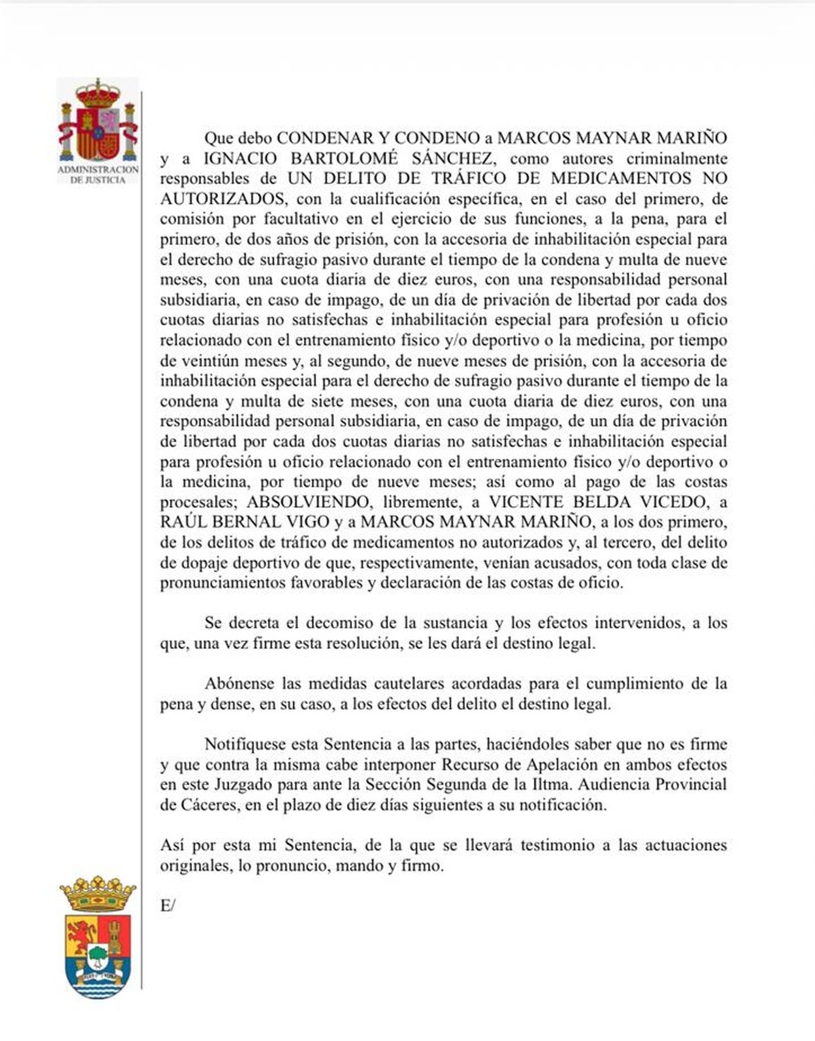 Imatge de la sentència que ha absolt Vicente Belda