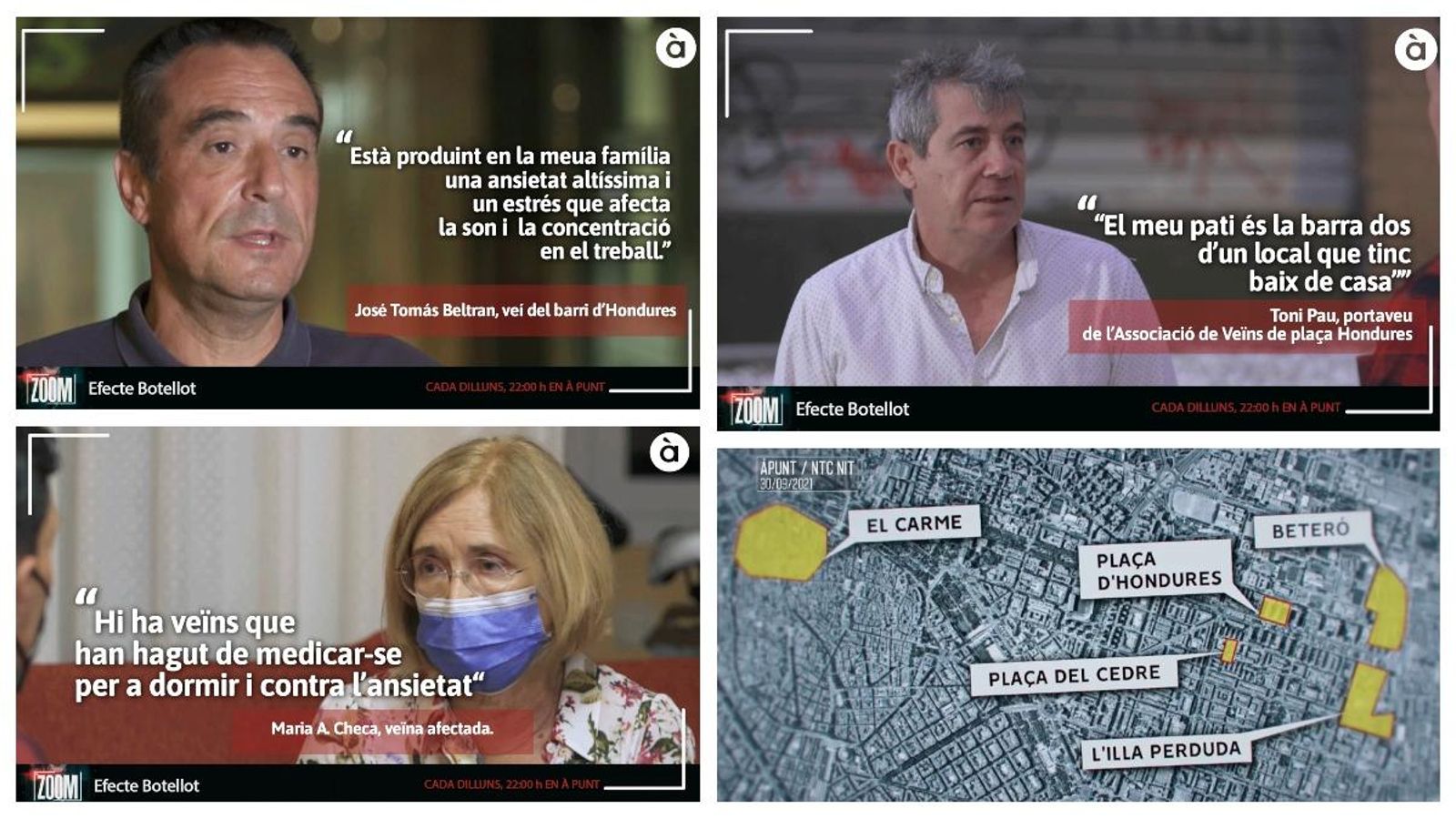 Els veïns alerten dels problemes de salut que comporta la falta de descans en els principals barris afectats, com ara la plaça d'Hondures, el barri del Carme, Ciutat Jardí, l'Illa Perduda o Beteró