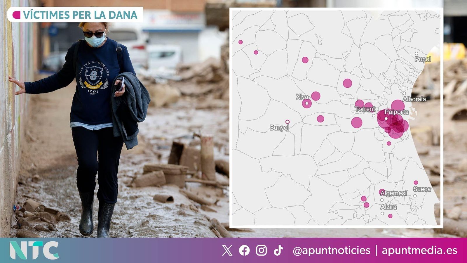 Mapa de la localització de les víctimes mortals per la DANA