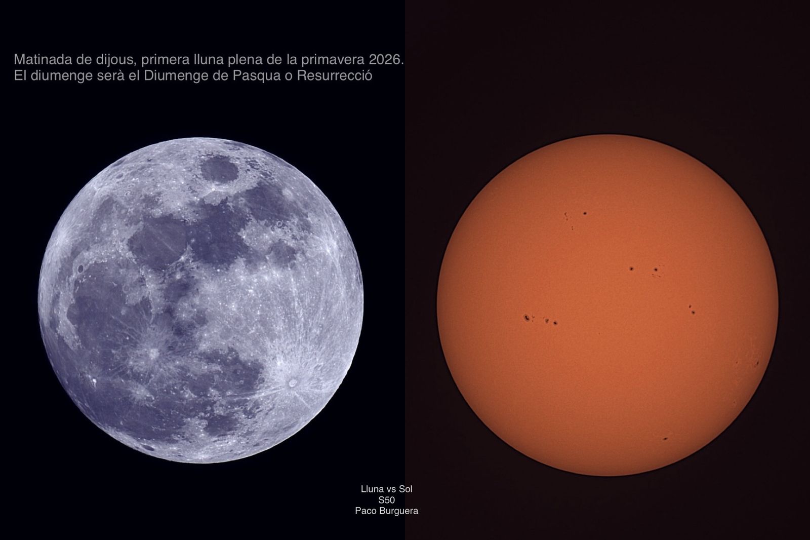 Imatge de la Lluna i el Sol, s'observa que tenen pràcticament la mateixa grandària aparent. Imatge de Paco Burguera