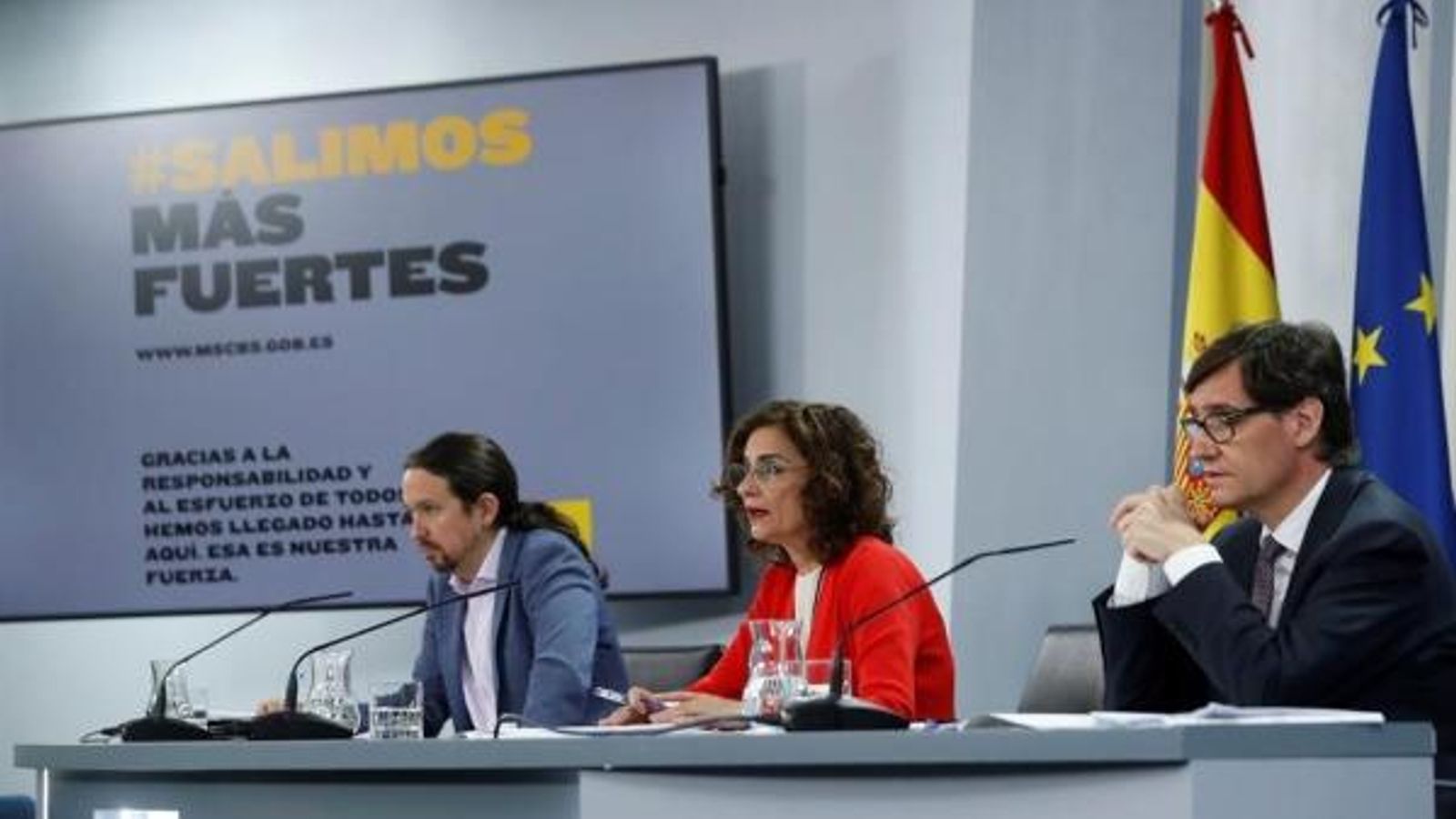 El vicepresident segon, Pablo Iglesias; la ministra portaveu, María Jesús Montero; i el ministre de Sanitat, Salvador Illa, aquest dimarts