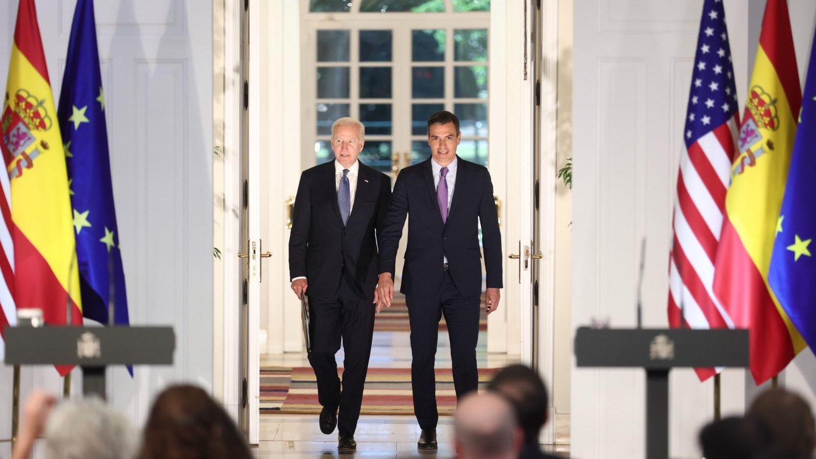 El president dels Estats Units, Joe Biden, i el d'Espanya, Pedro Sánchez, després de la seua reunió a La Moncloa El president dels Estats Units, Joe Biden, i el d'Espanya, Pedro Sánchez, després de la seua reunió a La Moncloa