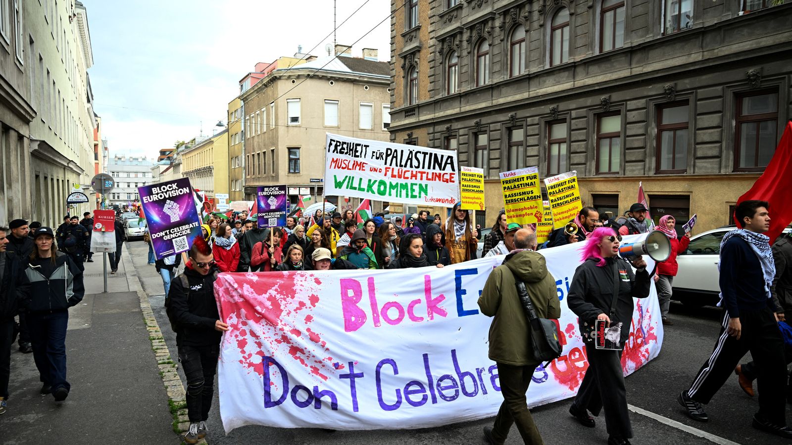 Protesta contra la participació d’Israel en el Festival d’Eurovisió, a Viena, Àustria, este dissabte.