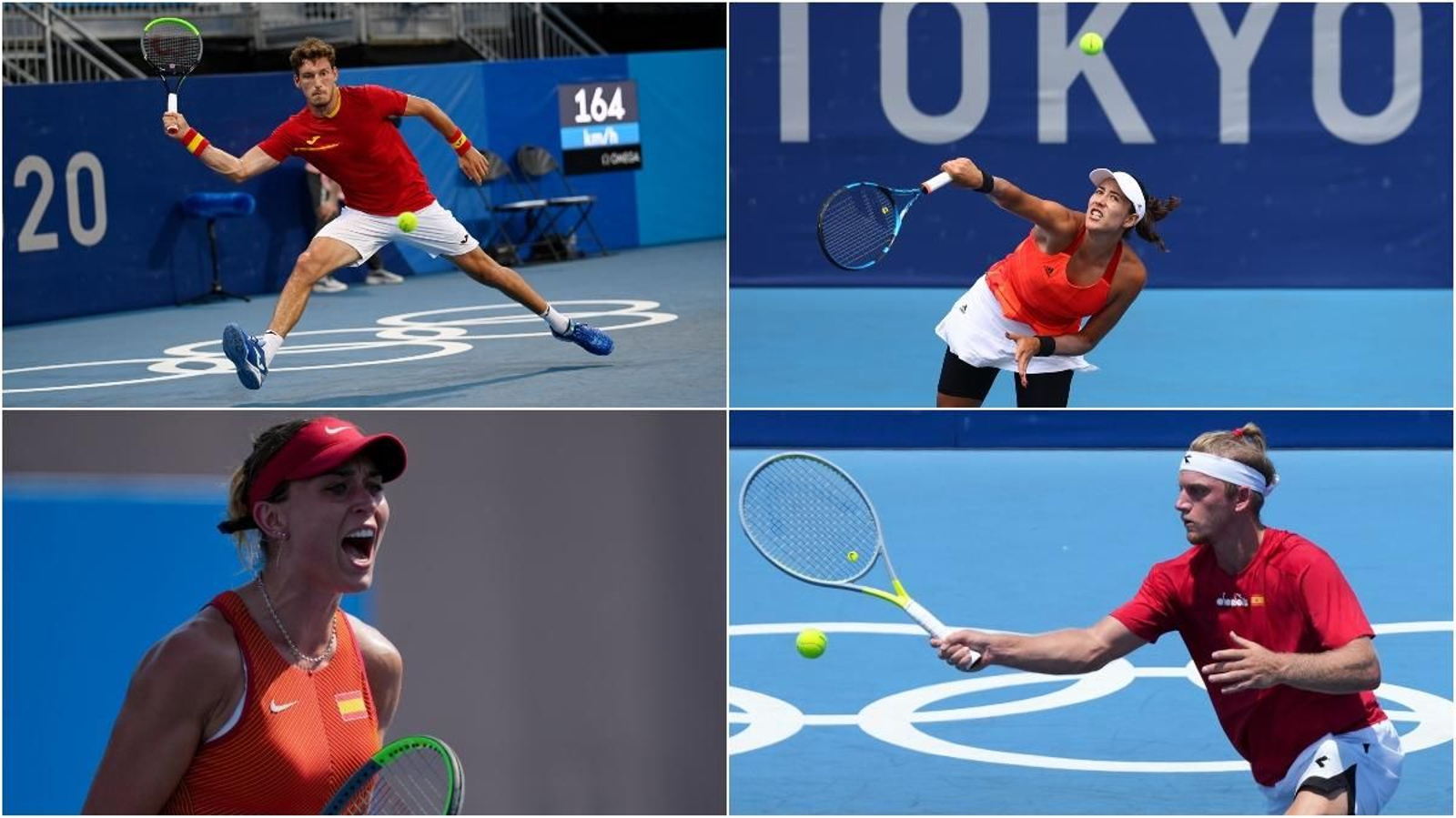 De esquerra a dreta i de dalt a baix: Carreño, Muguruza, Badosa i Davidovich