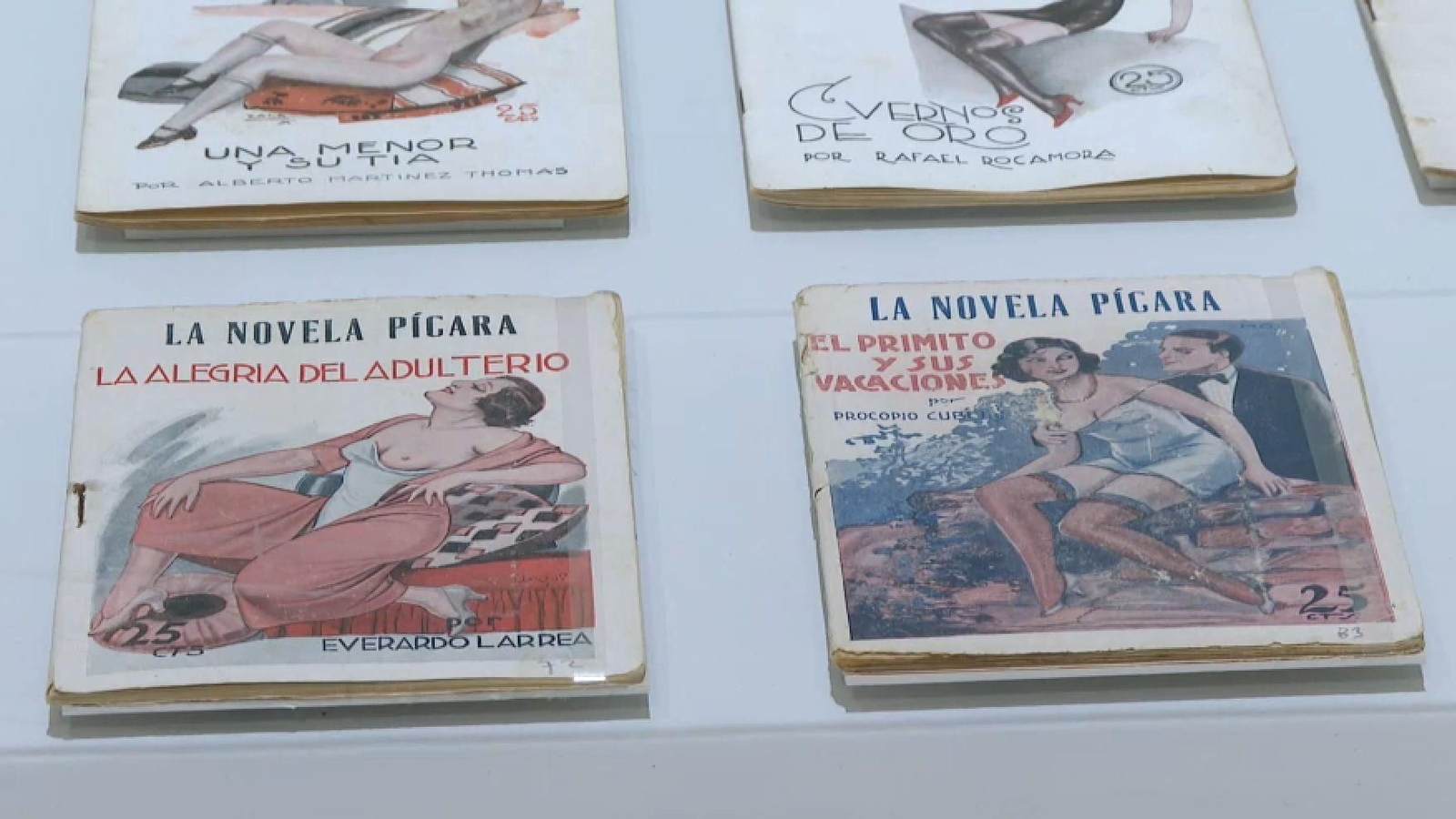 Recull de llibres de literatura sicalíptica que reuneix l'exposició que pot visitar-se fins a finals d'abril en l'edifici històric de la Universitat de València